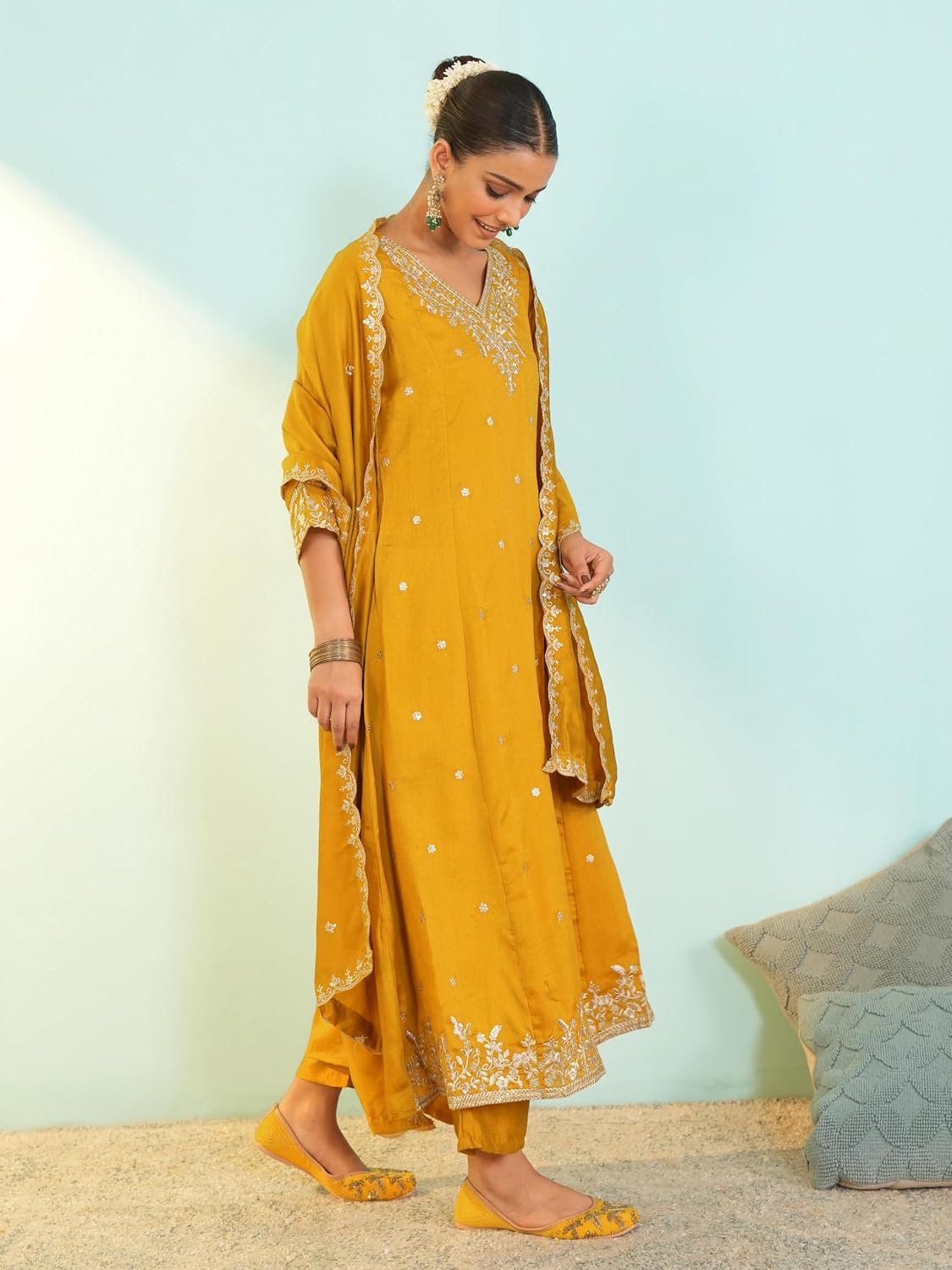 Naixa Women's Vichitra Silk Embroidered A-Line Kurta with Pant and Dupatta Sets (NX-845) - Image 3