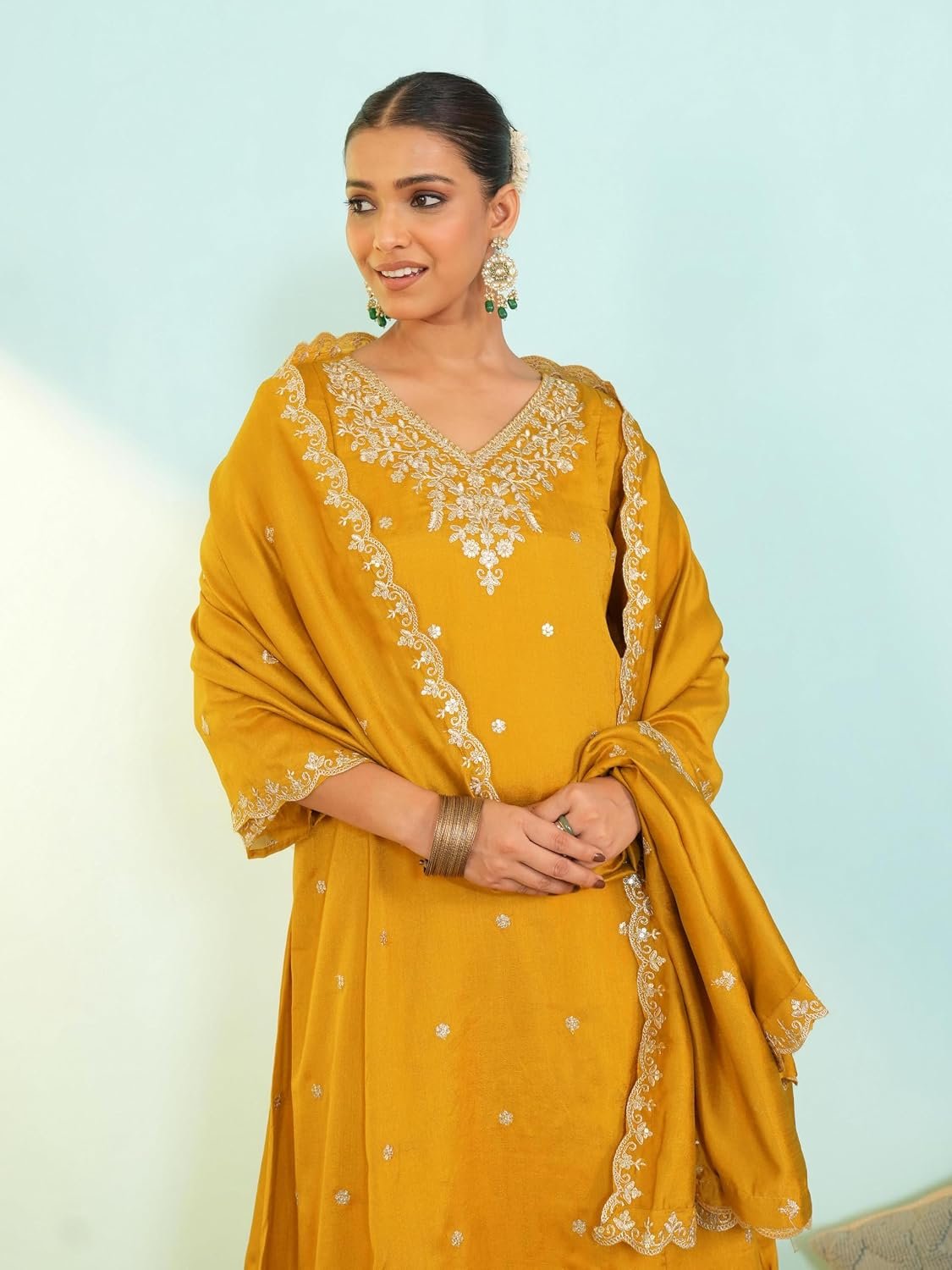 Naixa Women's Vichitra Silk Embroidered A-Line Kurta with Pant and Dupatta Sets (NX-845) - Image 6