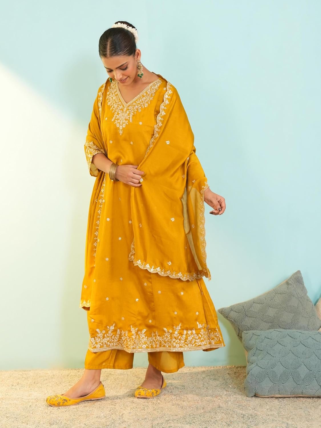 Naixa Women's Vichitra Silk Embroidered A-Line Kurta with Pant and Dupatta Sets (NX-845) - Image 7