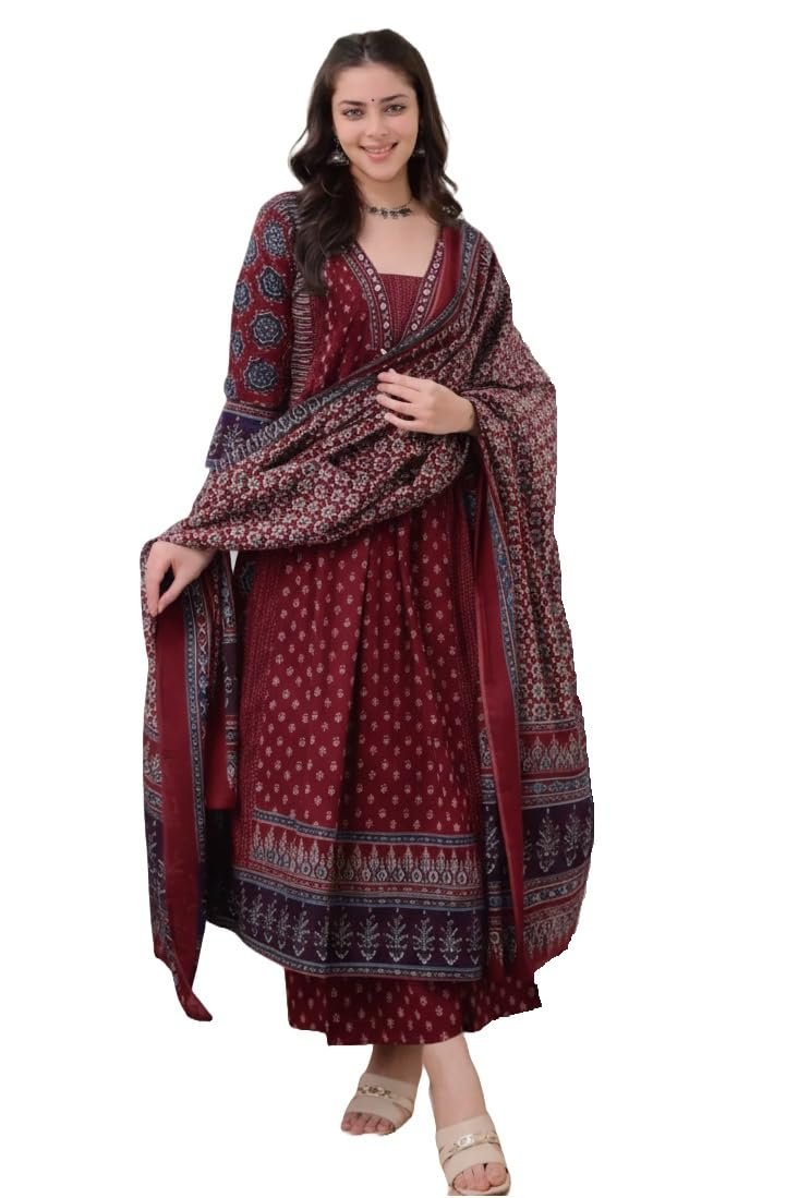 KLOSIA Women's Rayon Printed Anarkali Kurta and Pant with Dupatta Set - Image 3