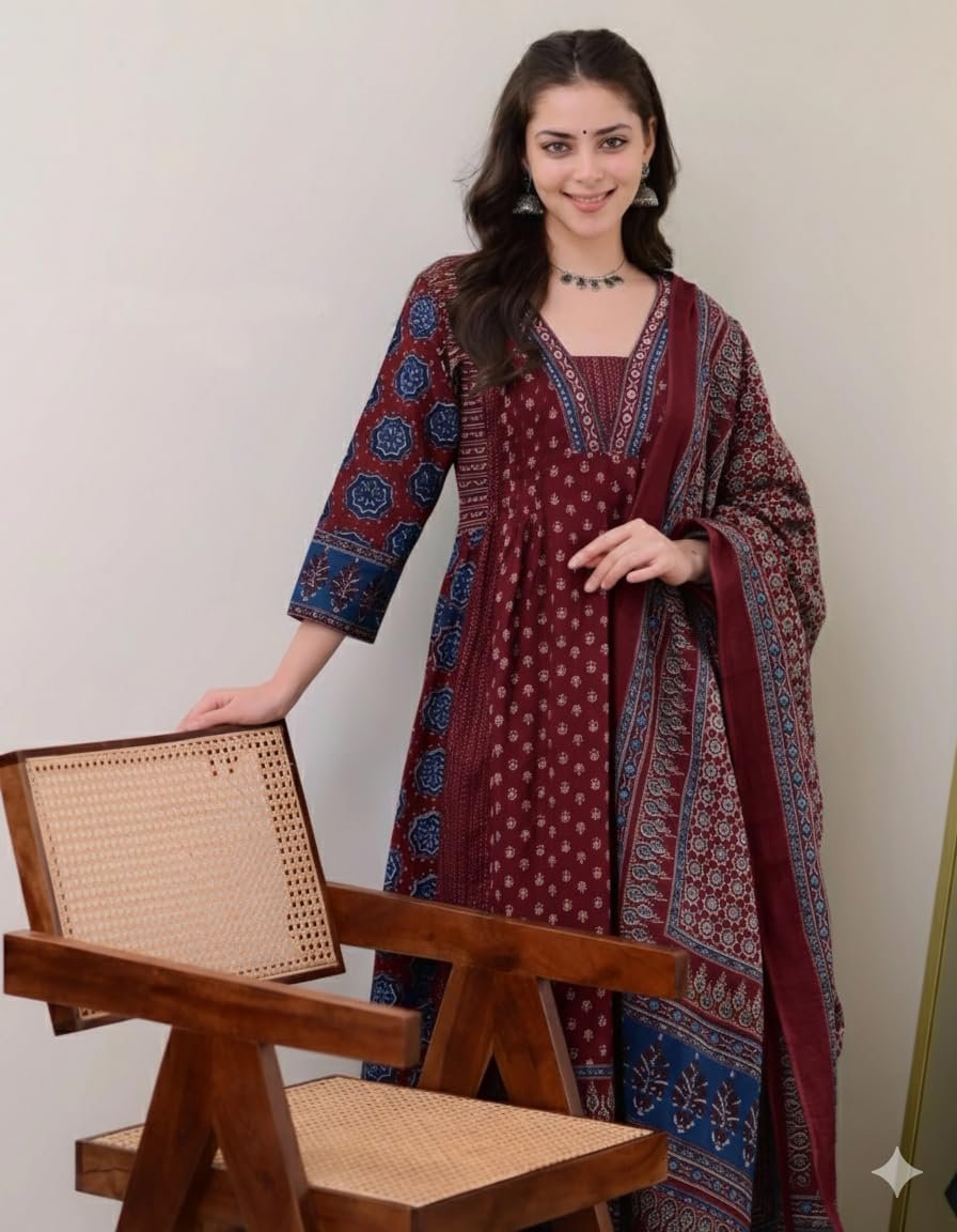 KLOSIA Women's Rayon Printed Anarkali Kurta and Pant with Dupatta Set - Image 4