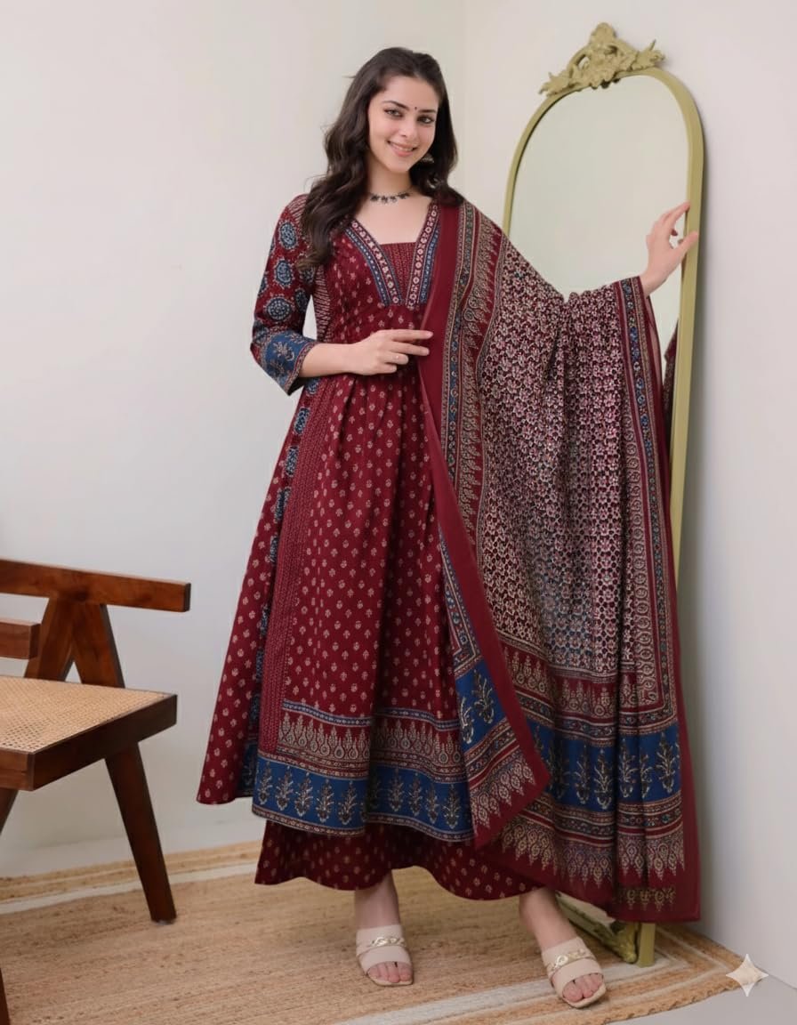 KLOSIA Women's Rayon Printed Anarkali Kurta and Pant with Dupatta Set - Image 5