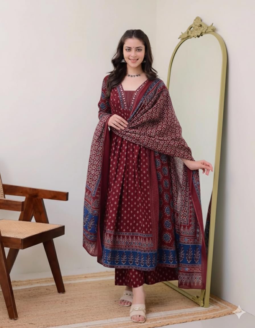 KLOSIA Women's Rayon Printed Anarkali Kurta and Pant with Dupatta Set - Image 2