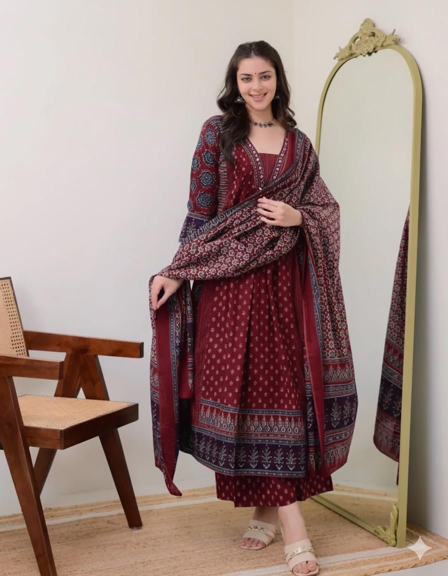 KLOSIA Women's Rayon Printed Anarkali Kurta and Pant with Dupatta Set - Image 6
