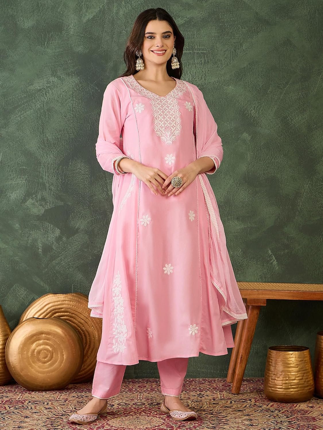 Naixa Women's Cotton Blend Embroidered Straight Kurta with Pant and Dupatta Sets (NX-790)