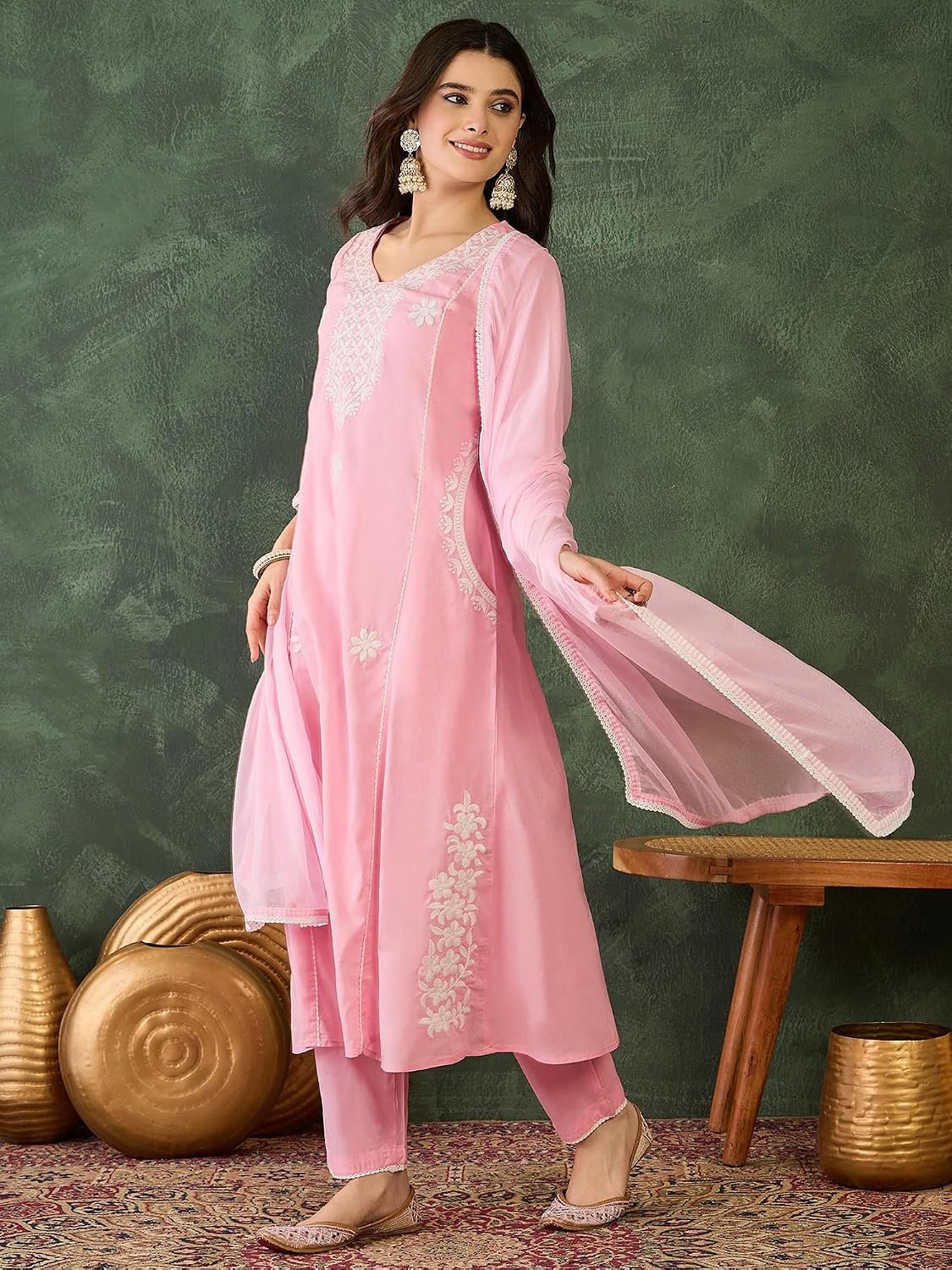 Naixa Women's Cotton Blend Embroidered Straight Kurta with Pant and Dupatta Sets (NX-790) - Image 4