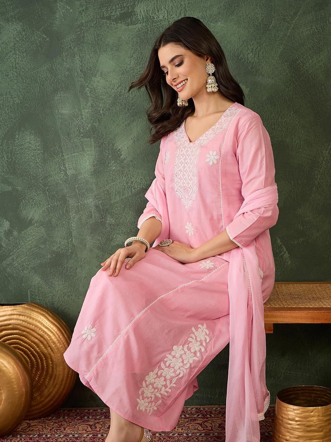 Naixa Women's Cotton Blend Embroidered Straight Kurta with Pant and Dupatta Sets (NX-790) - Image 2