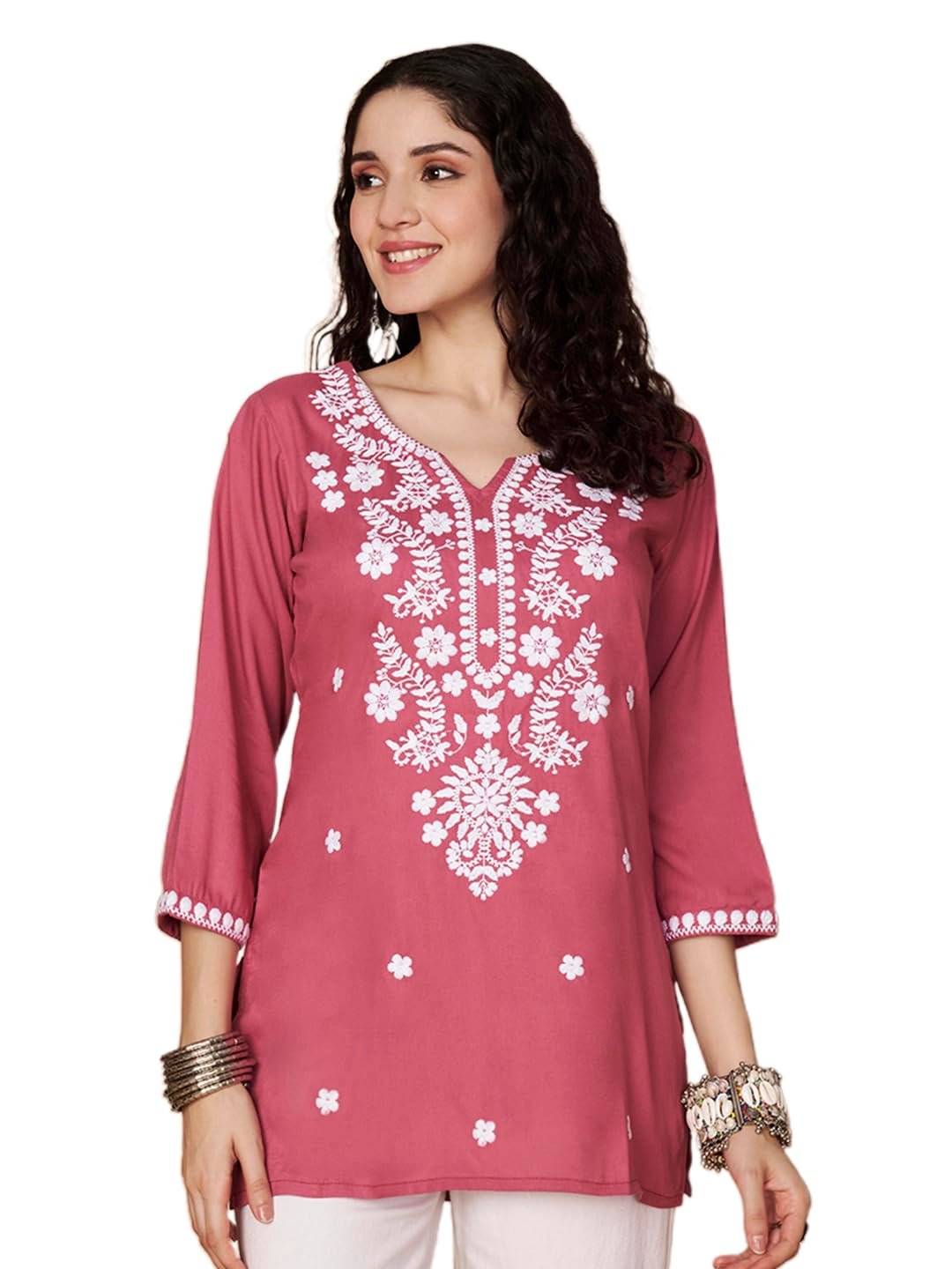 Short Kurti for Women for Jeans, Chikankari Kurtis for Ladies, Lakhnavi V- Neck Women's Tunic Design Kurta, Floral Kurtas & Tunics for Woman