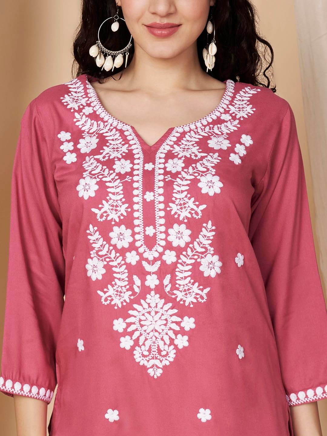 Short Kurti for Women for Jeans, Chikankari Kurtis for Ladies, Lakhnavi V- Neck Women's Tunic Design Kurta, Floral Kurtas & Tunics for Woman - Image 2