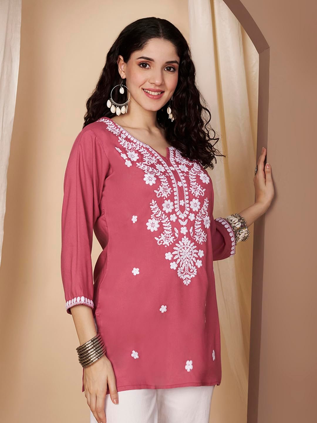 Short Kurti for Women for Jeans, Chikankari Kurtis for Ladies, Lakhnavi V- Neck Women's Tunic Design Kurta, Floral Kurtas & Tunics for Woman - Image 4