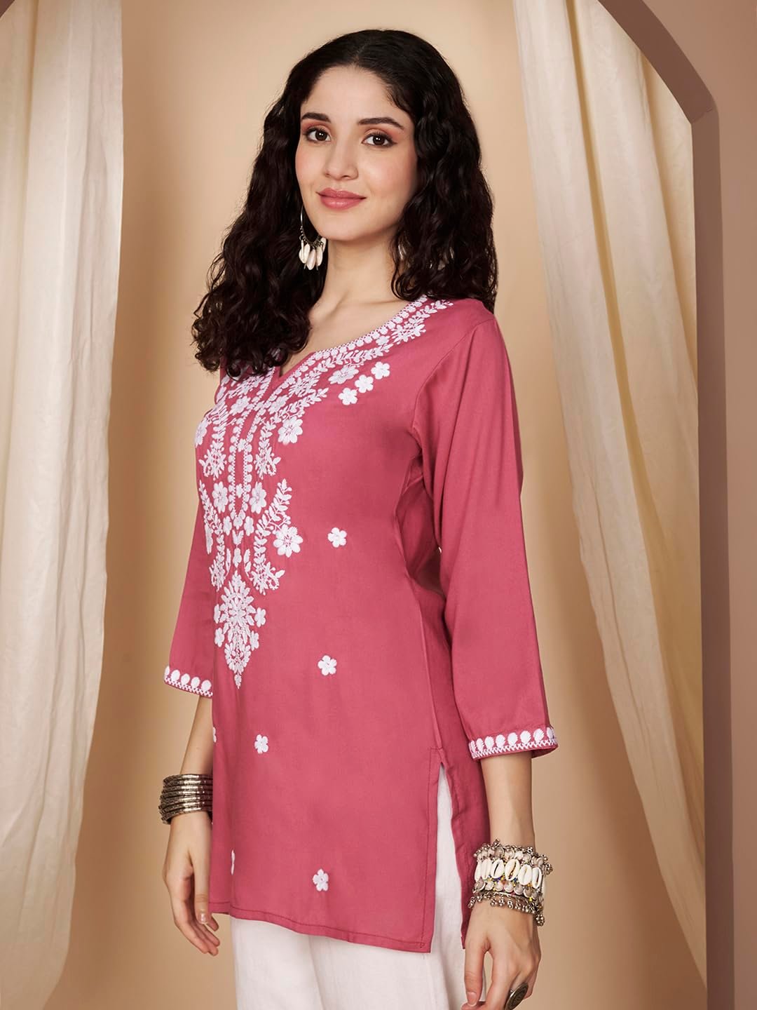 Short Kurti for Women for Jeans, Chikankari Kurtis for Ladies, Lakhnavi V- Neck Women's Tunic Design Kurta, Floral Kurtas & Tunics for Woman - Image 5