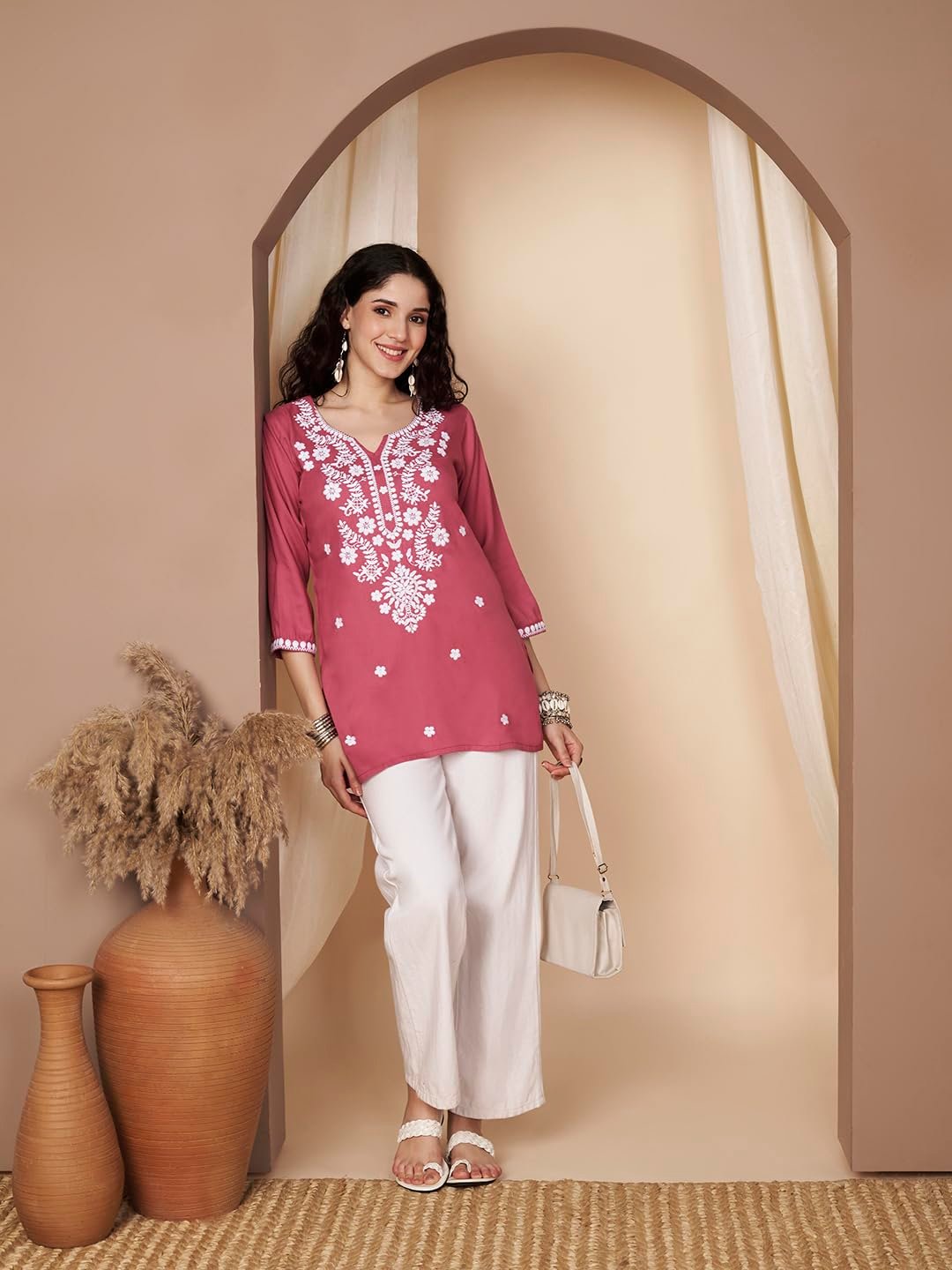 Short Kurti for Women for Jeans, Chikankari Kurtis for Ladies, Lakhnavi V- Neck Women's Tunic Design Kurta, Floral Kurtas & Tunics for Woman - Image 6