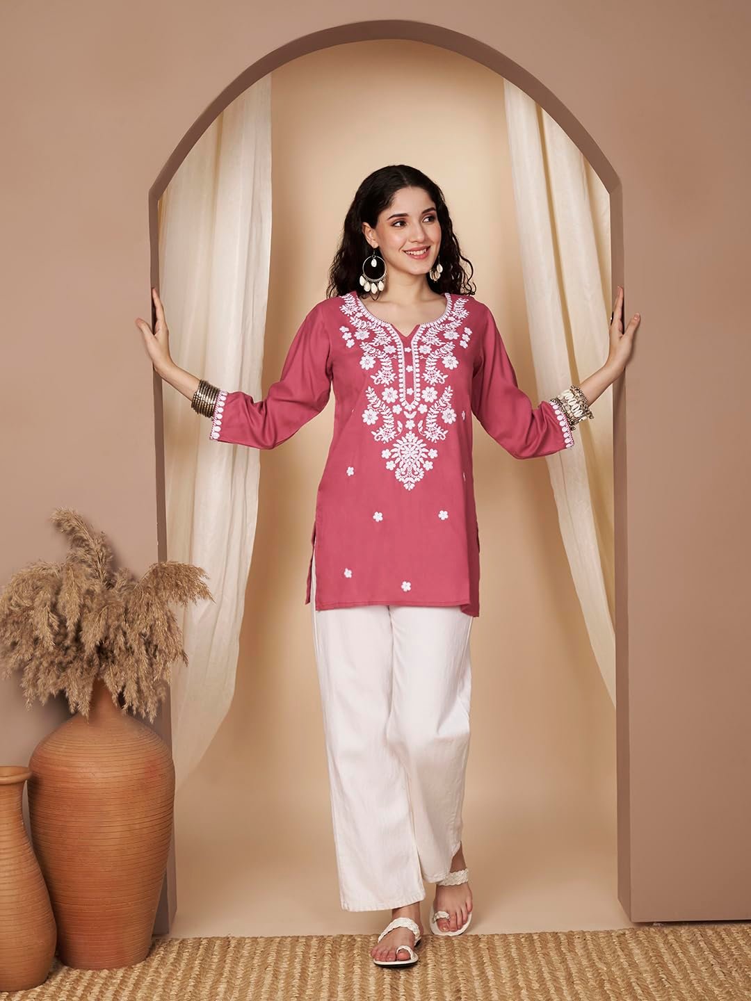 Short Kurti for Women for Jeans, Chikankari Kurtis for Ladies, Lakhnavi V- Neck Women's Tunic Design Kurta, Floral Kurtas & Tunics for Woman - Image 8
