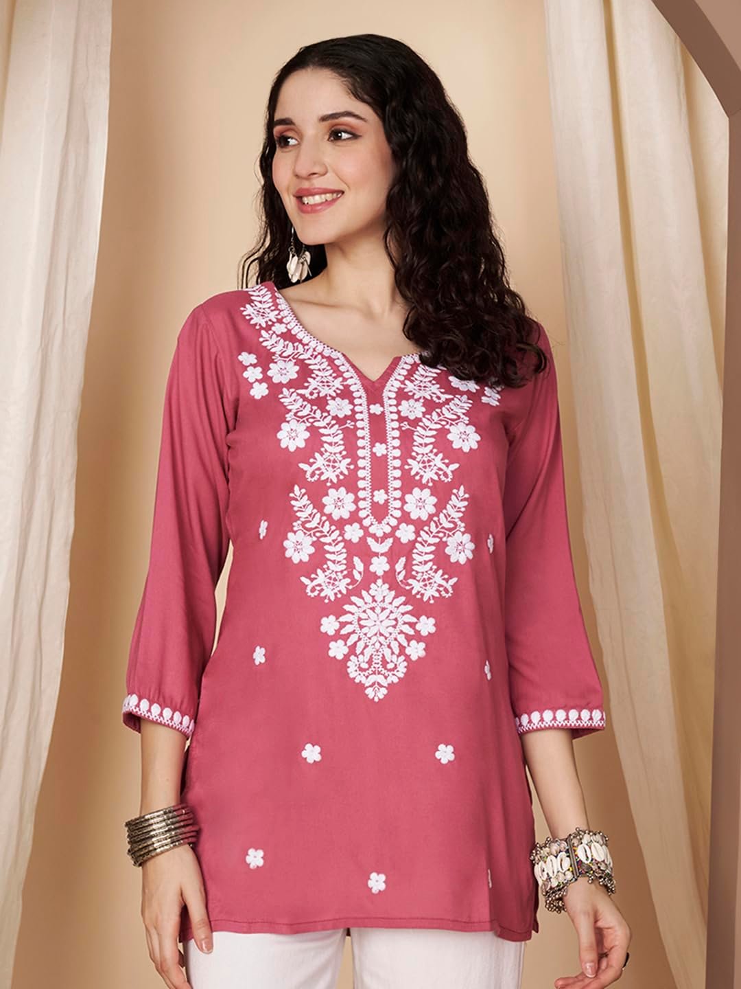 Short Kurti for Women for Jeans, Chikankari Kurtis for Ladies, Lakhnavi V- Neck Women's Tunic Design Kurta, Floral Kurtas & Tunics for Woman - Image 7