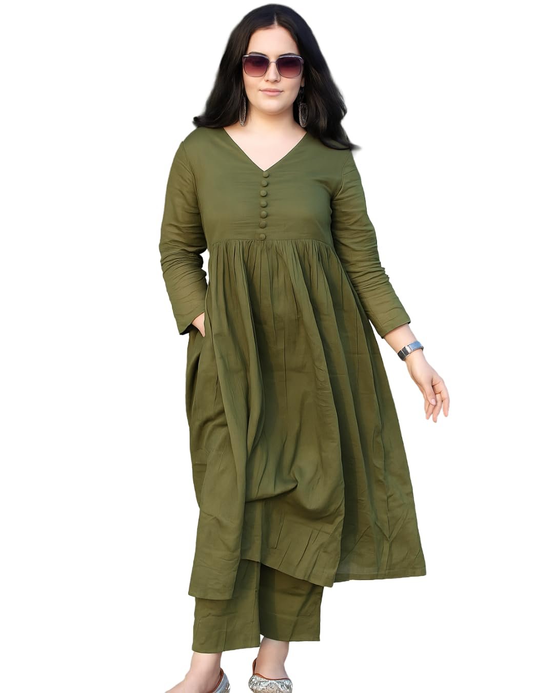 Anarkali Kurta Pant Set for Women Long Flared V-Neck Kurta | Office & Casual Wear | 3/4 Sleeve | Button Front