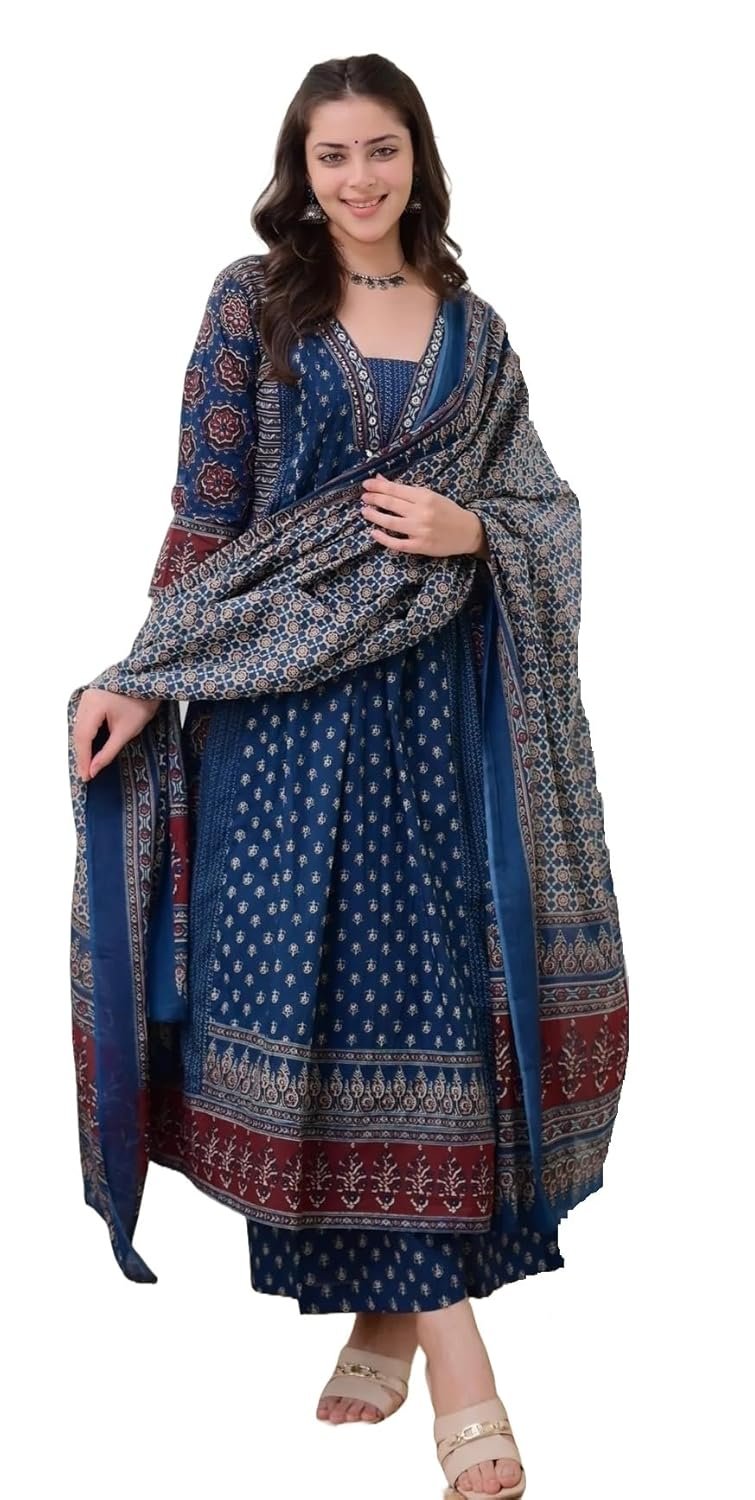 KLOSIA Women's Rayon Printed Anarkali Kurta and Pant with Dupatta Set - Image 2