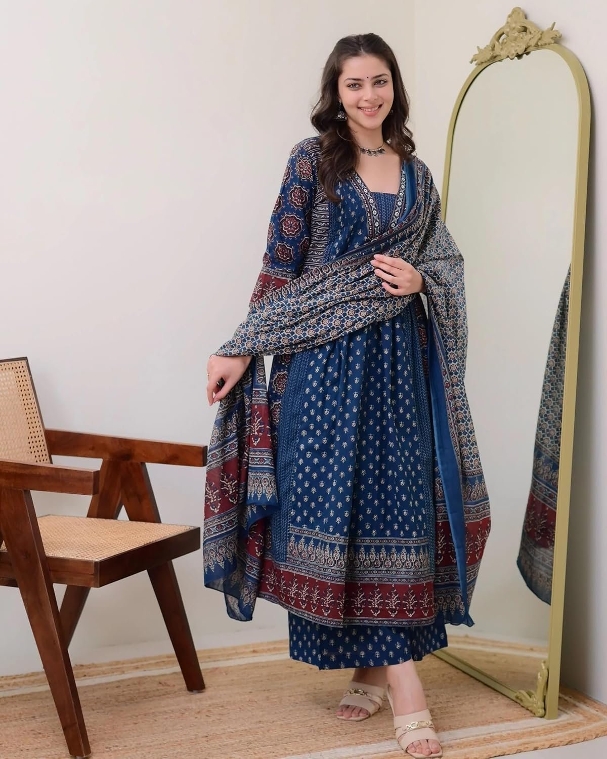 KLOSIA Women's Rayon Printed Anarkali Kurta and Pant with Dupatta Set - Image 8