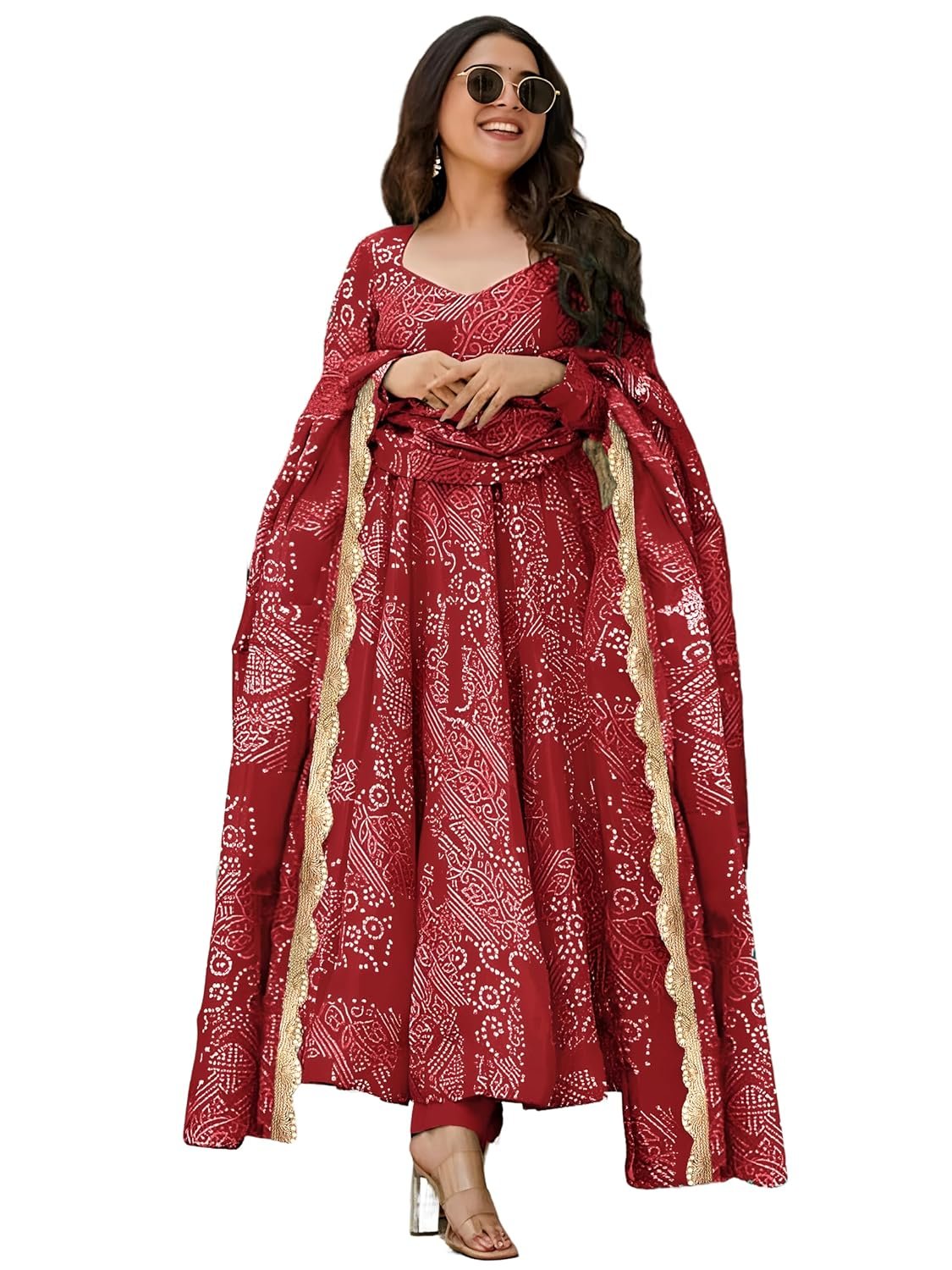 Pinkmint Women's Bandhani Print Flared Anarkali Muslin Kurta Set with Pant & Stylish Dupatta Ethnic Long Sleeve Dress Suit Set