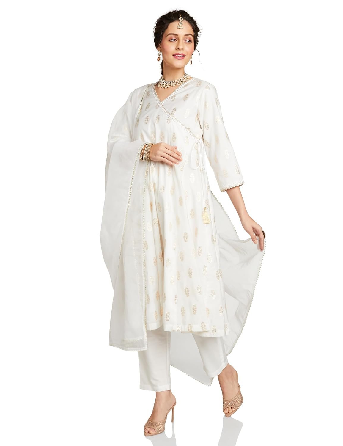 Amazon Brand - Myx Women's Embroidered Anarkali Kurta Set with Organza Dupatta in Chanderi Blend (Available in Plus Sizes)