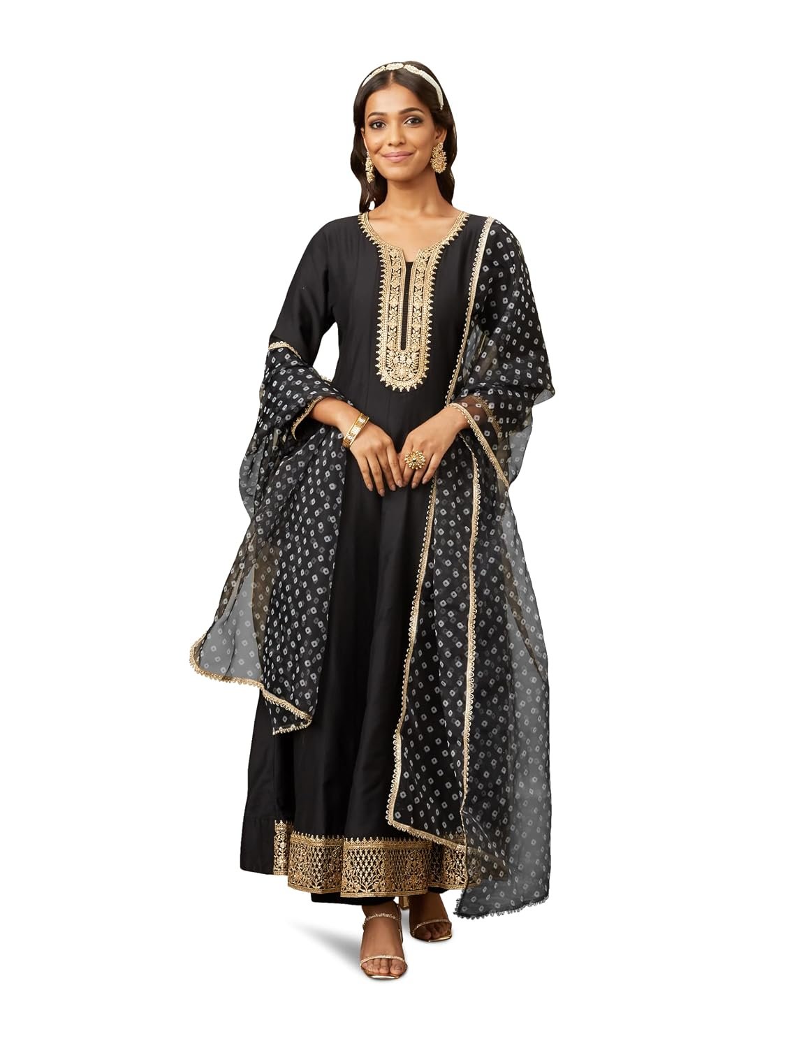 Amazon Brand - Myx Women's Embroidered Anarkali Kurta Pant Set with Organza Dupatta | A-line fit (Available in Plus Sizes)