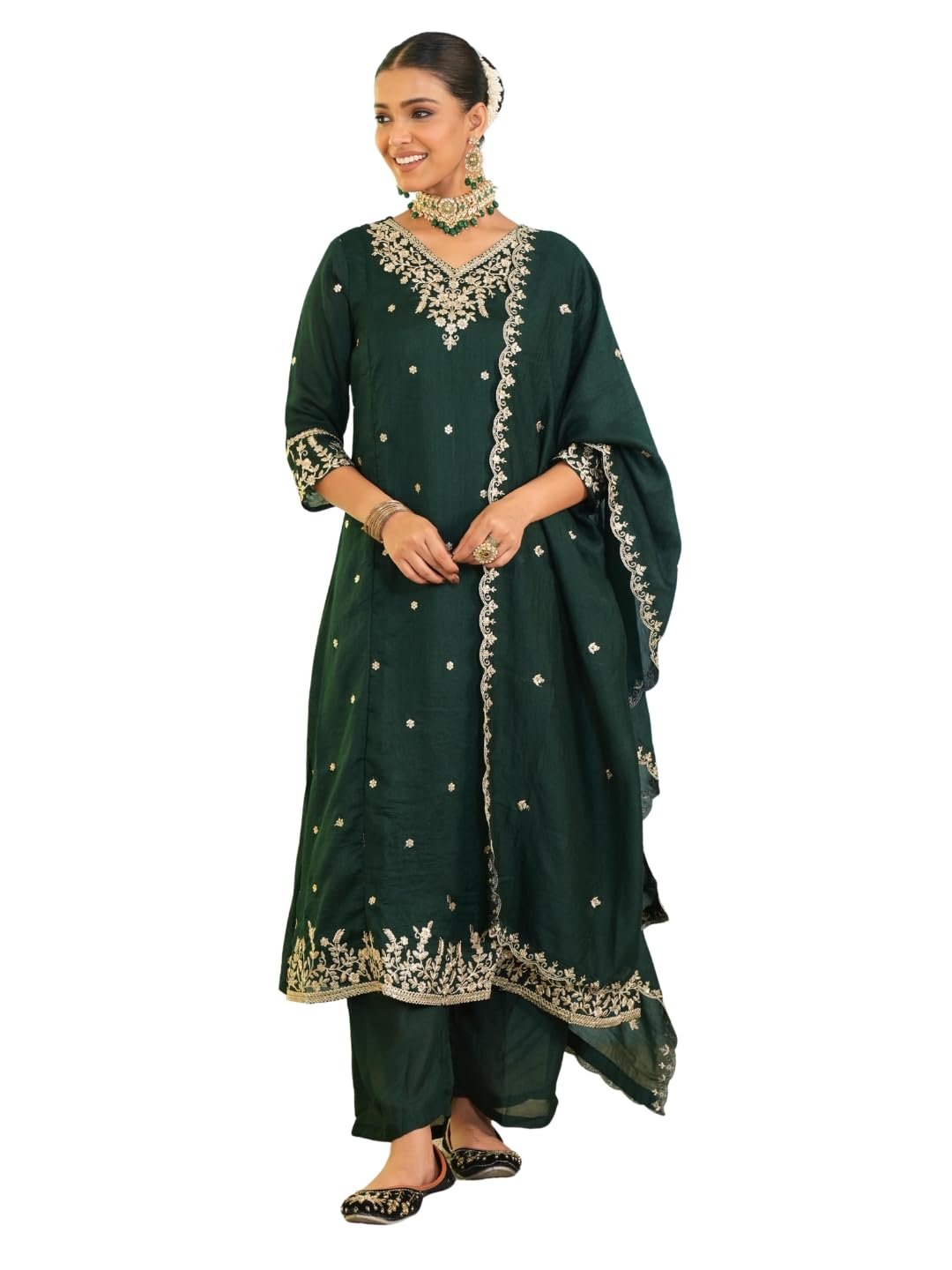 Naixa Women's Vichitra Silk Embroidered A-Line Kurta with Pant and Dupatta Sets (NX-845)