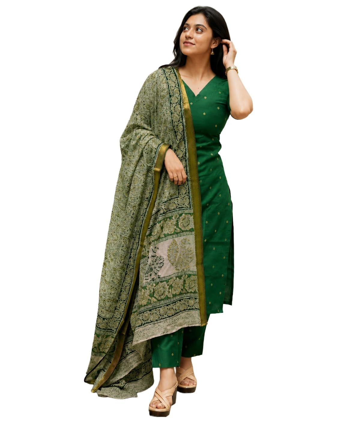 GoSriKi Kurta Set Women Viscose Printed | Kurti Set Woman | Kurta Pant Dupatta 3 Piece Outfit | V-Neck Elbow Length Sleeve Straight Fit Ethnic Wear Ladies Dress Stylish Traditional Clothing