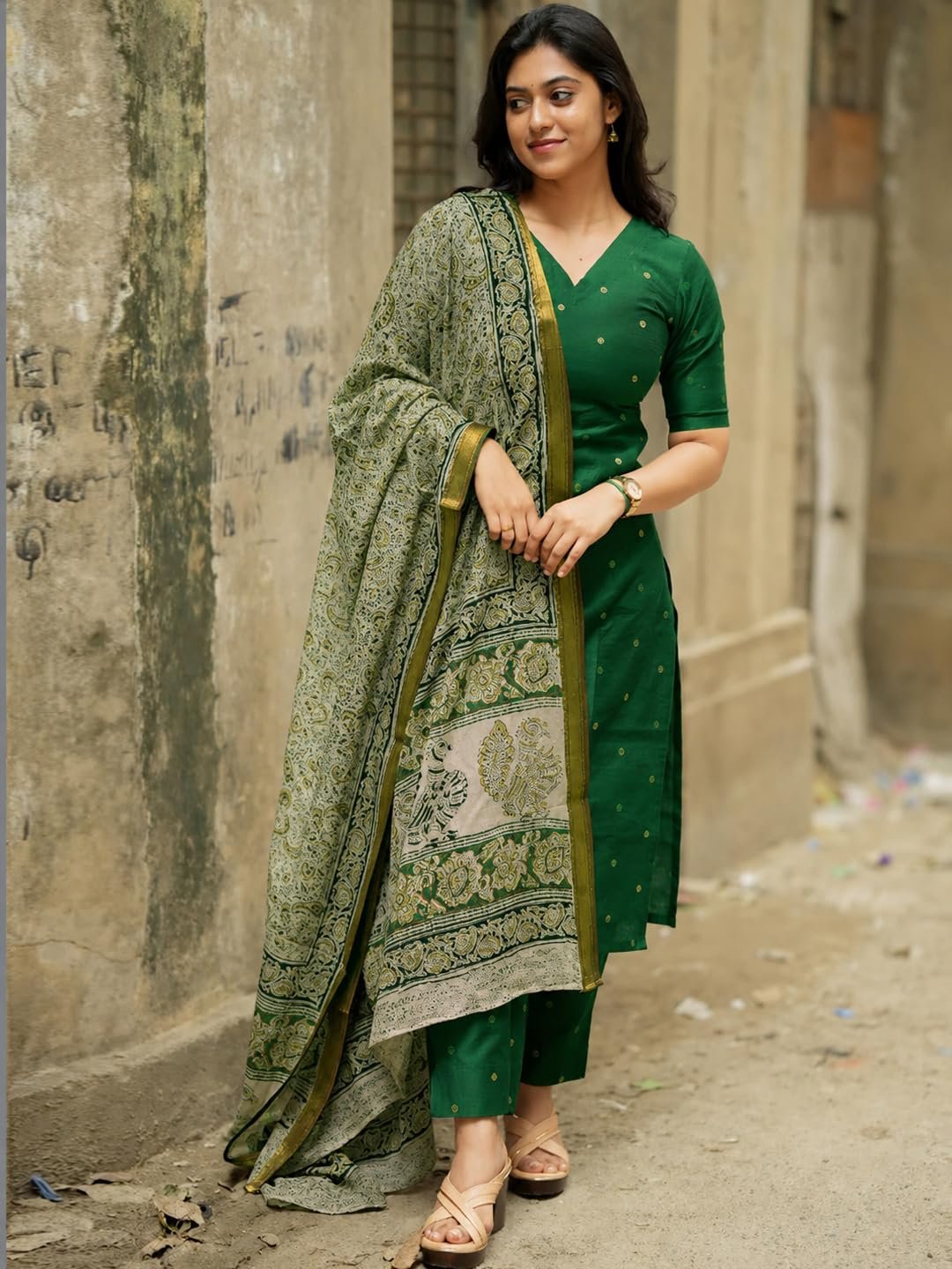 GoSriKi Kurta Set Women Viscose Printed | Kurti Set Woman | Kurta Pant Dupatta 3 Piece Outfit | V-Neck Elbow Length Sleeve Straight Fit Ethnic Wear Ladies Dress Stylish Traditional Clothing - Image 3