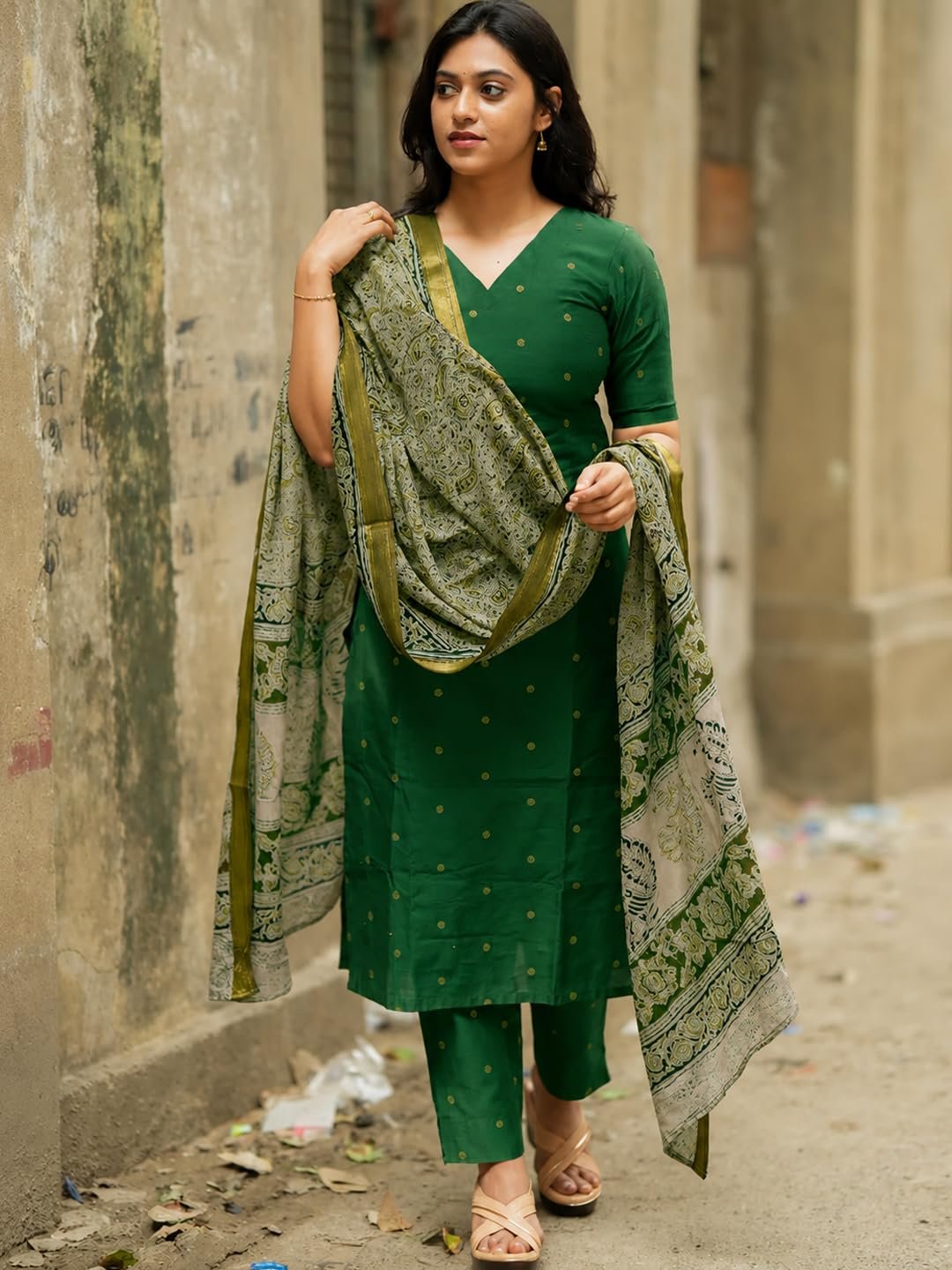 GoSriKi Kurta Set Women Viscose Printed | Kurti Set Woman | Kurta Pant Dupatta 3 Piece Outfit | V-Neck Elbow Length Sleeve Straight Fit Ethnic Wear Ladies Dress Stylish Traditional Clothing - Image 5