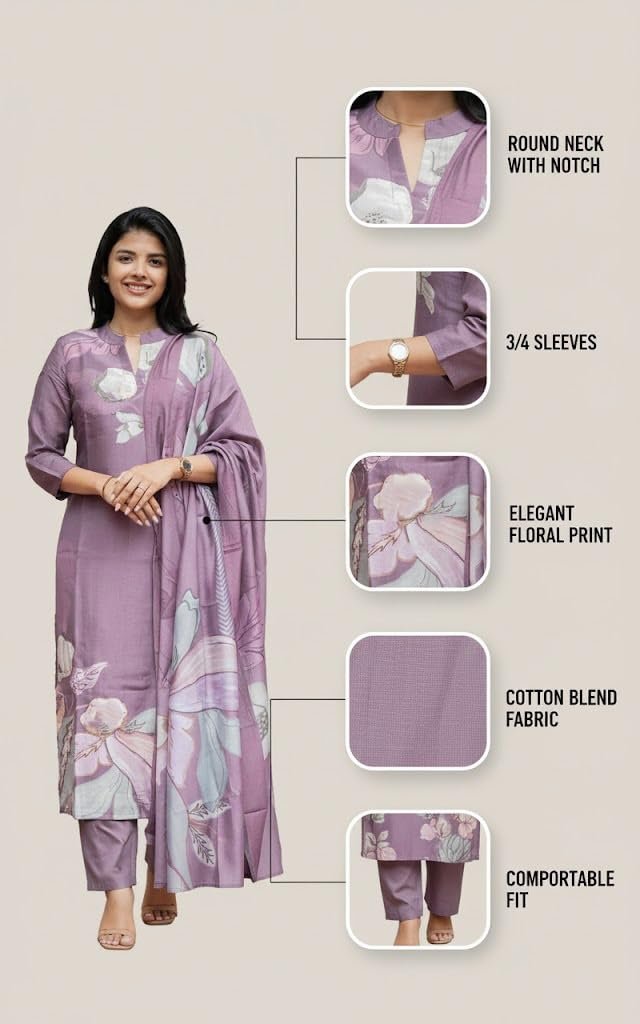 Sun Fashion And Lifestyle Kurta Sets for Woman | Kurti Set |Women's 3 Piece Kurta Pant Dupatta Set |Cotton Blend Kurta Woman |Elegant Suit for Women |Dupatta - Image 4