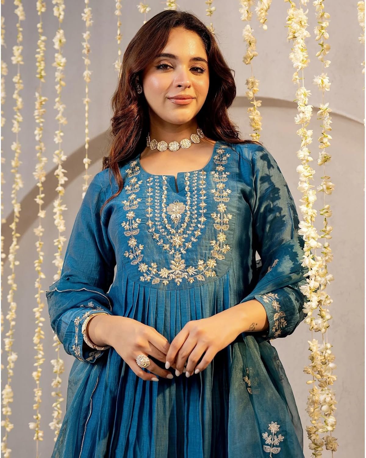 Nermosa Women Embroidery Solid A-Line Kurta and Pant Set with Dupatta - Image 2