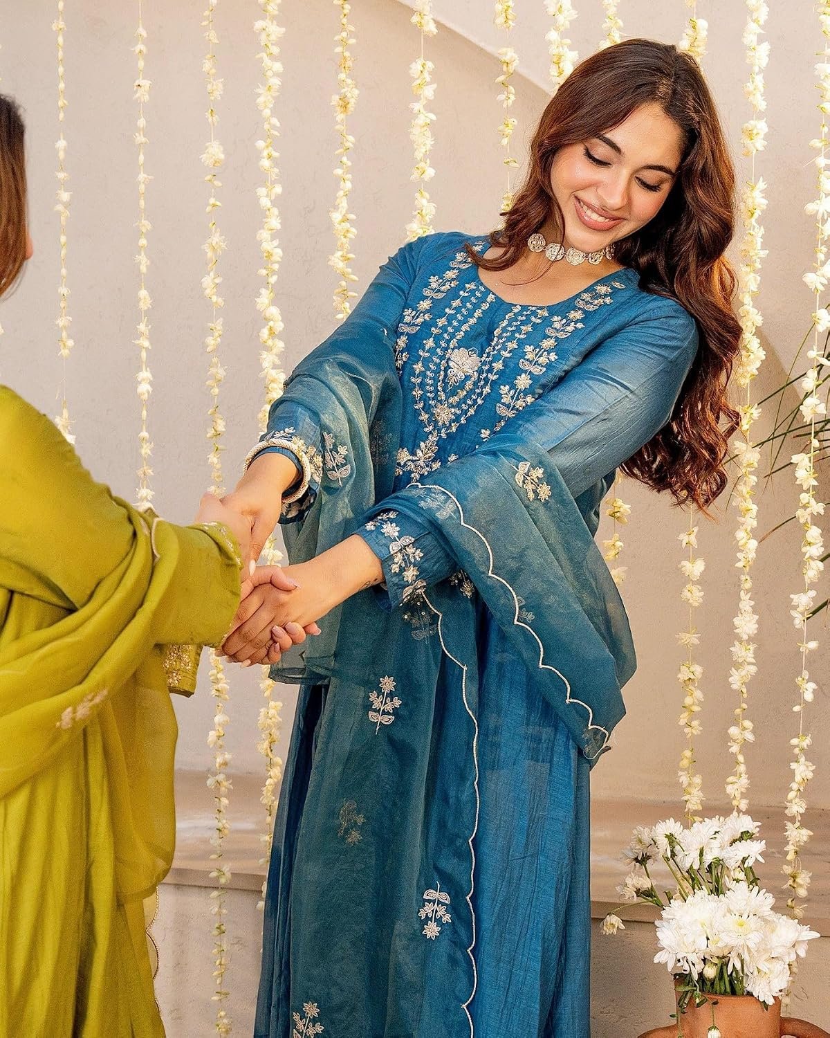 Nermosa Women Embroidery Solid A-Line Kurta and Pant Set with Dupatta - Image 9