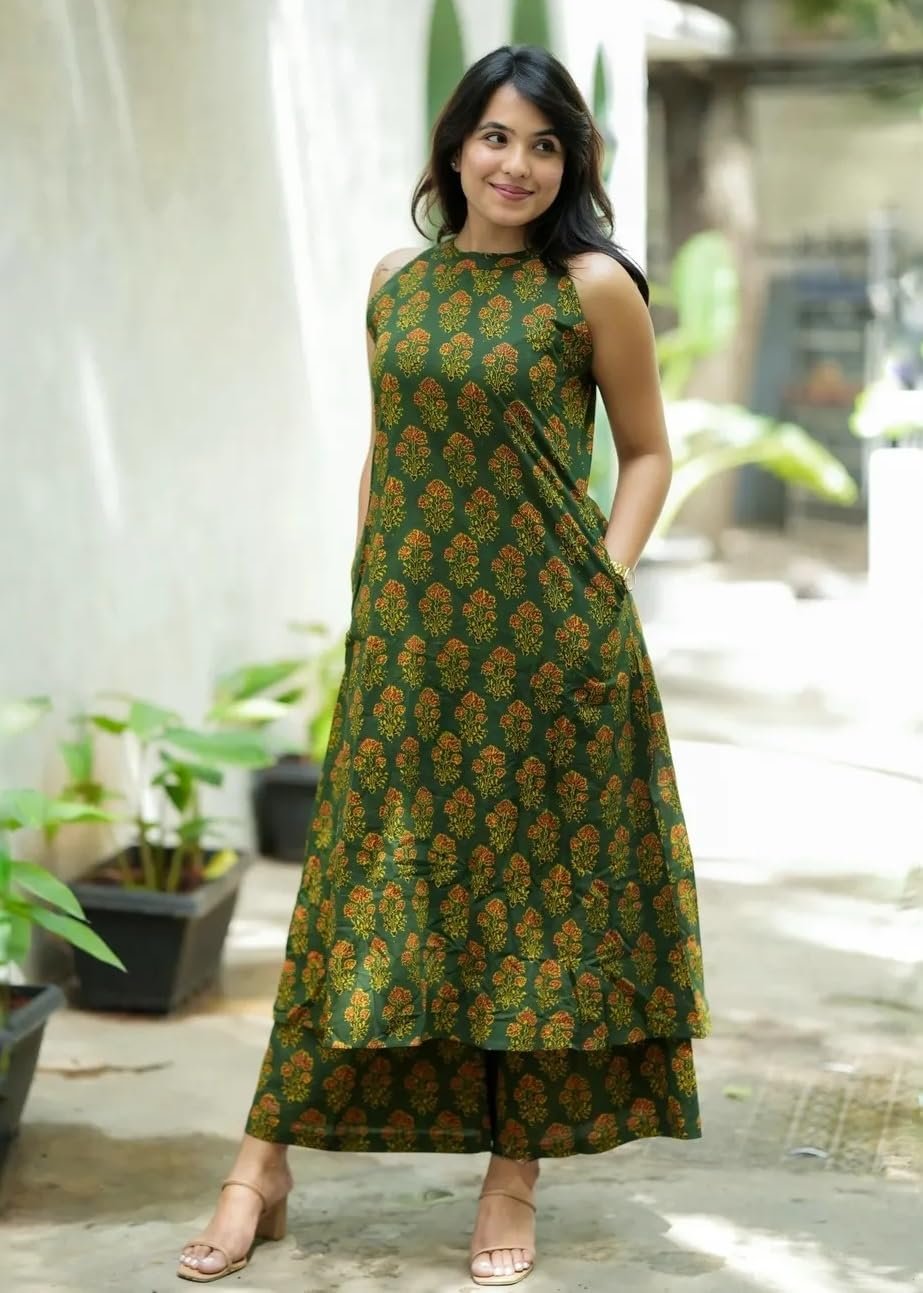 Nermosa Women Pure Cotton Kurta Palazzo Set | Sleeveless Printed Kurta with Palazzo Pants | Summer Friendly, Office Wear Co-Ord Set - Image 5