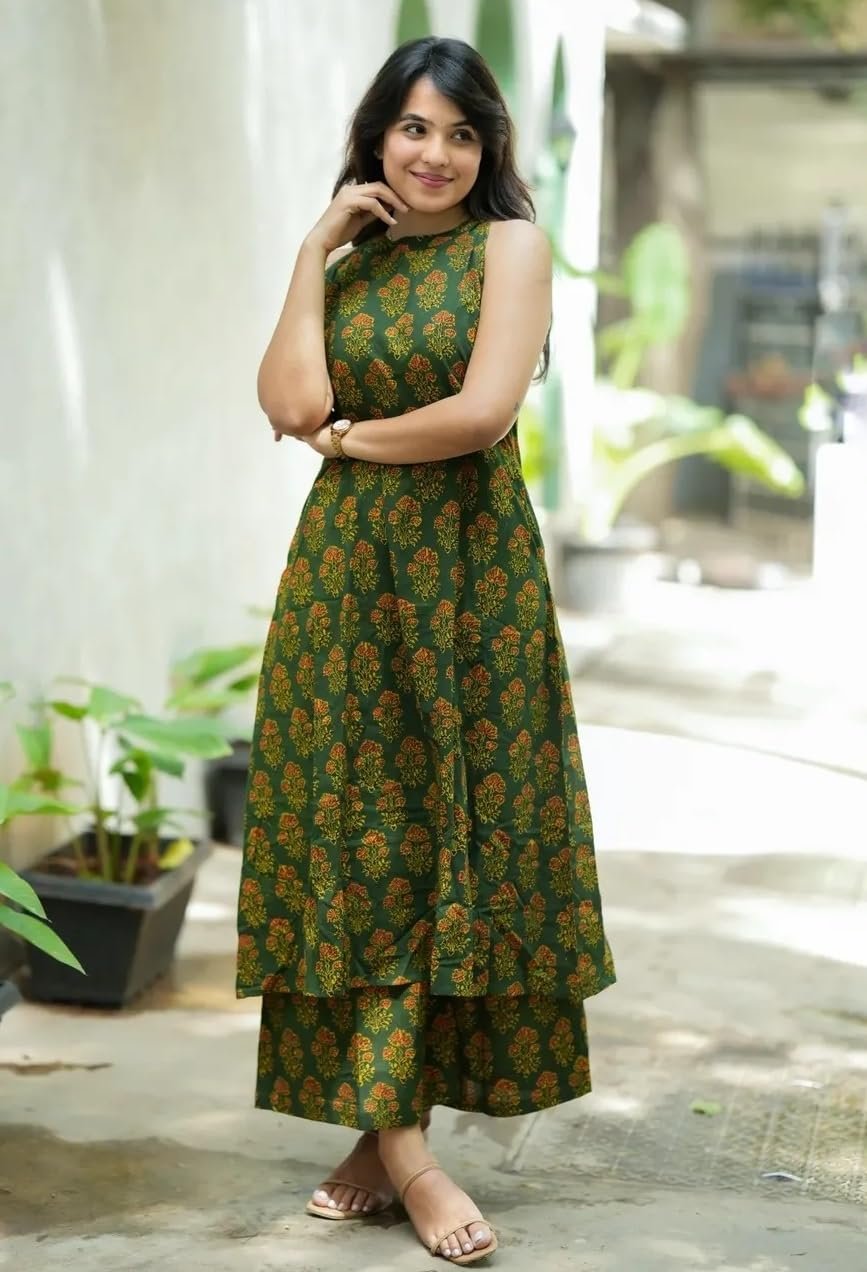 Nermosa Women Pure Cotton Kurta Palazzo Set | Sleeveless Printed Kurta with Palazzo Pants | Summer Friendly, Office Wear Co-Ord Set - Image 6