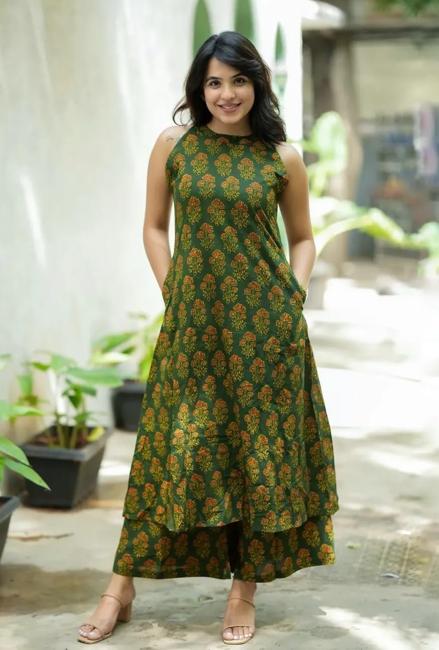 Nermosa Women Pure Cotton Kurta Palazzo Set | Sleeveless Printed Kurta with Palazzo Pants | Summer Friendly, Office Wear Co-Ord Set - Image 7