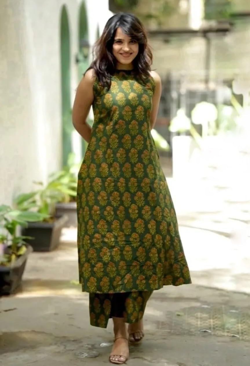 Nermosa Women Pure Cotton Kurta Palazzo Set | Sleeveless Printed Kurta with Palazzo Pants | Summer Friendly, Office Wear Co-Ord Set - Image 8