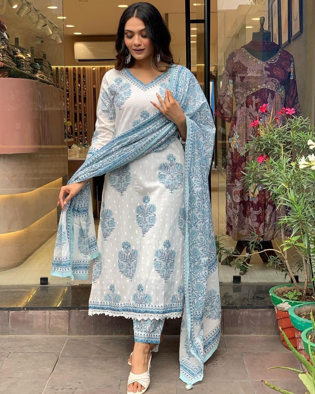 Nermosa Women Cotton Block Printed Kurta Pant With Dupatta - Image 5