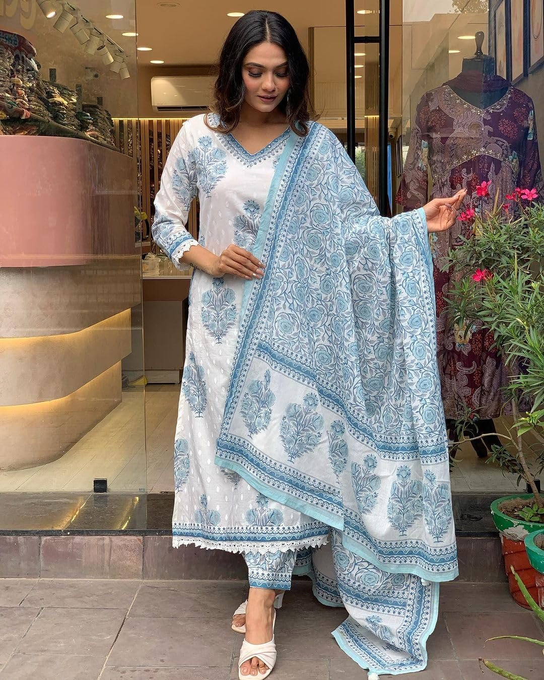 Nermosa Women Cotton Block Printed Kurta Pant With Dupatta - Image 6