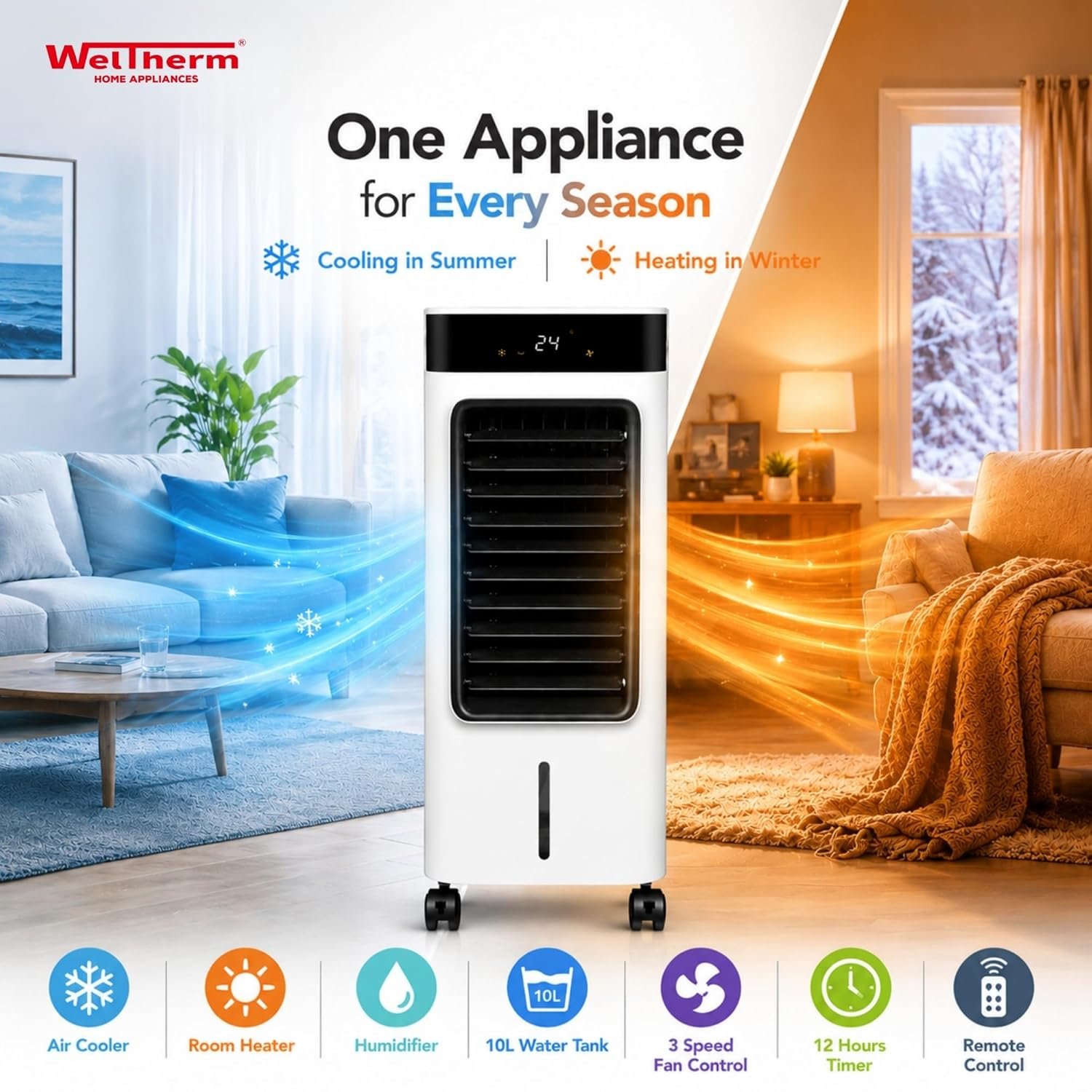 WelTherm 2-in-1 Air Cooler & Heater with 10L Water Tank, Ice Crystal Boxes, Remote Control, Digital LED Touch Panel, 3 Speeds, Swing, 12H Timer & Ionizer, AW-Ultima - Image 2