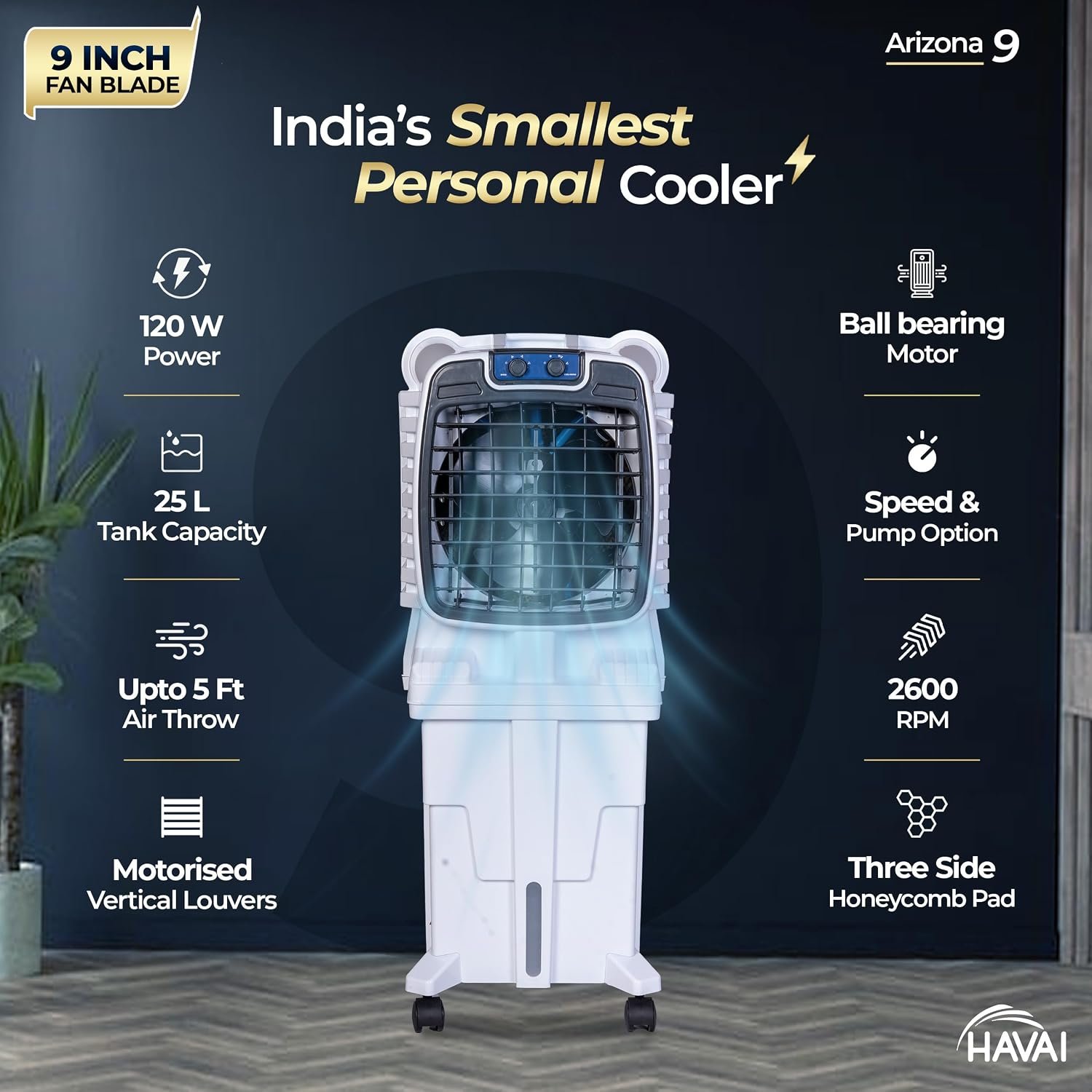 Arizona 9 Personal Air Cooler | India’s First 9-Inch Blade Cooler | 2600 RPM | 2200 m³/hr Delivery | 5 Ft Air Throw | 3-Side Honeycomb | 25L Tank | Motorised Louvers | 120W | Ideal for 50 Sq Ft