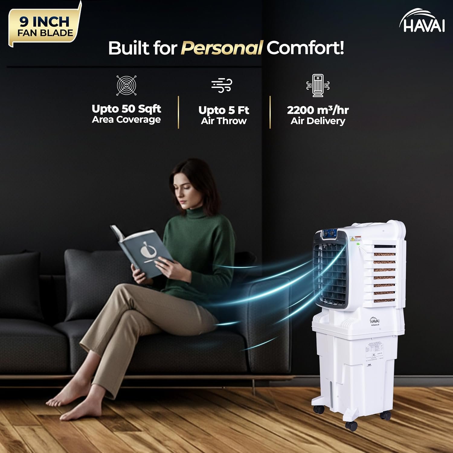 Arizona 9 Personal Air Cooler | India’s First 9-Inch Blade Cooler | 2600 RPM | 2200 m³/hr Delivery | 5 Ft Air Throw | 3-Side Honeycomb | 25L Tank | Motorised Louvers | 120W | Ideal for 50 Sq Ft - Image 3