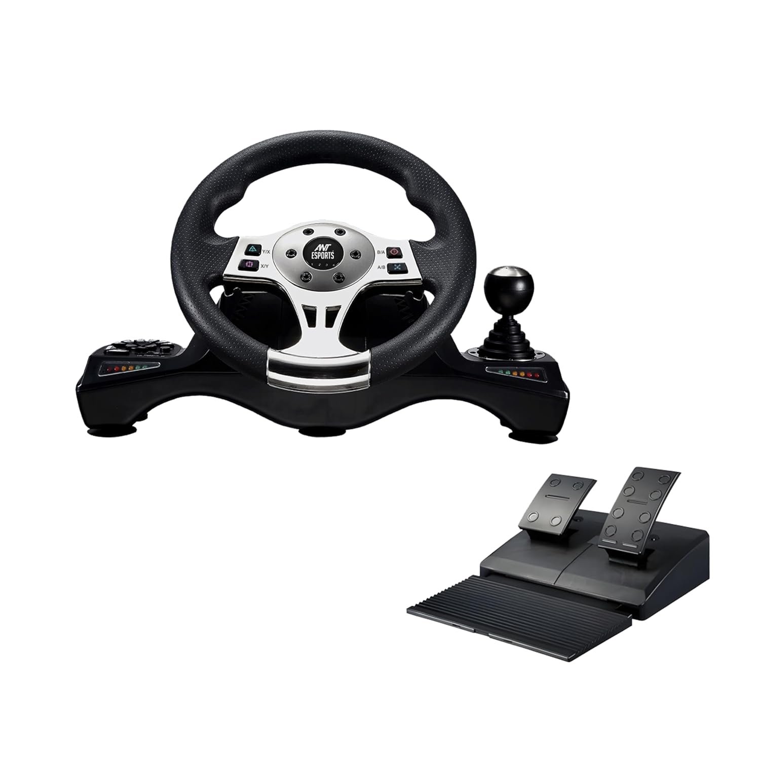 Ant Esports GW190 Racing Steering Wheel with Pedals & Shifter, 270° Rotation, Universal USB, Compatible with PC, PS4, PS3, Xbox One, Xbox Series X/S, Nintendo Switch & Android TV (Black/Silver)