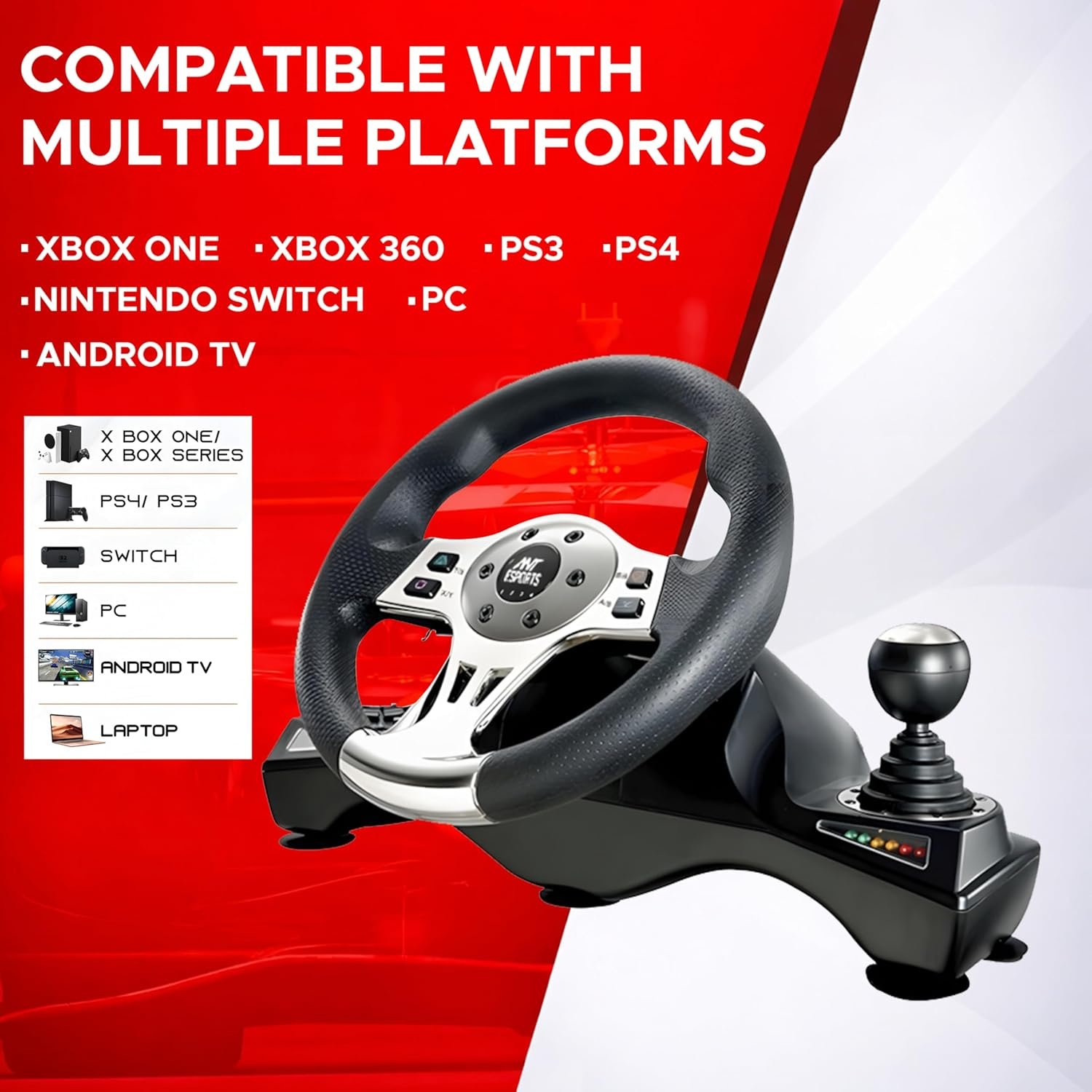 Ant Esports GW190 Racing Steering Wheel with Pedals & Shifter, 270° Rotation, Universal USB, Compatible with PC, PS4, PS3, Xbox One, Xbox Series X/S, Nintendo Switch & Android TV (Black/Silver) - Image 2