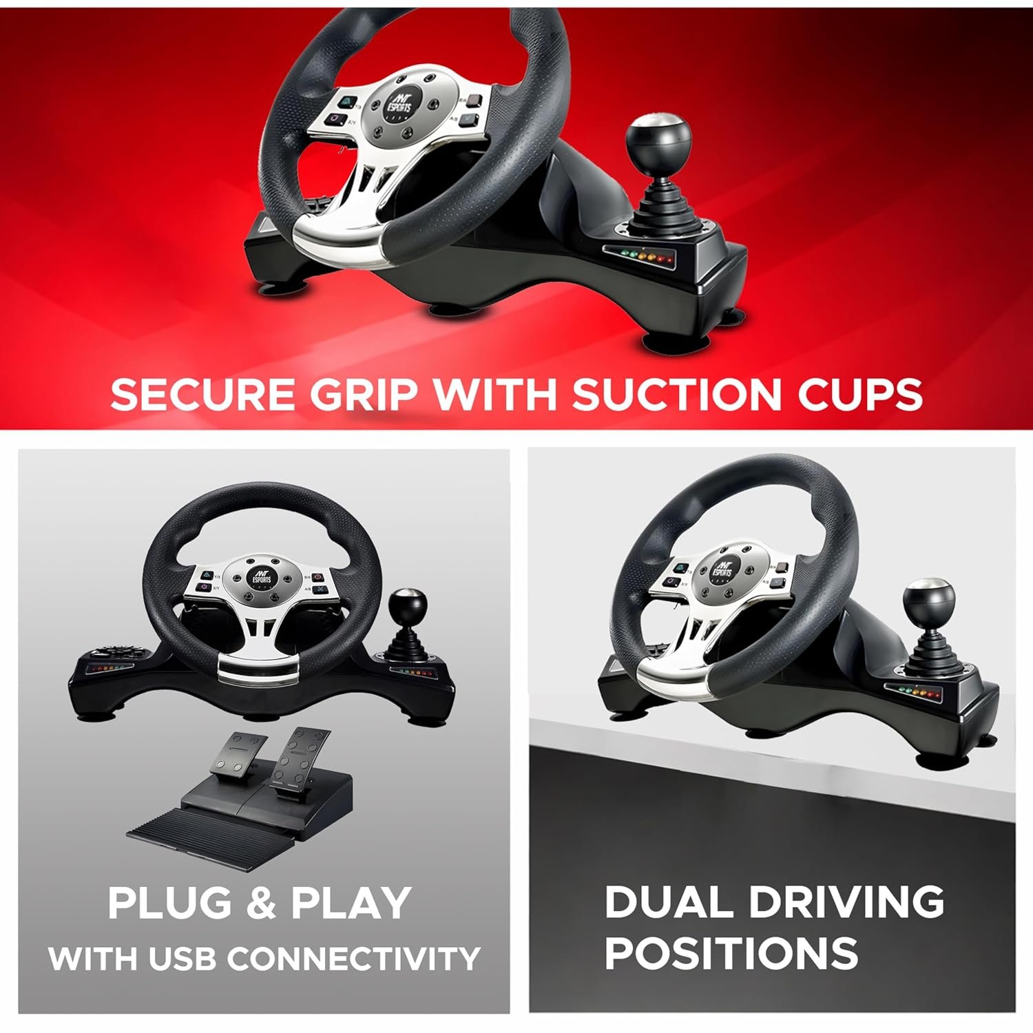 Ant Esports GW190 Racing Steering Wheel with Pedals & Shifter, 270° Rotation, Universal USB, Compatible with PC, PS4, PS3, Xbox One, Xbox Series X/S, Nintendo Switch & Android TV (Black/Silver) - Image 3