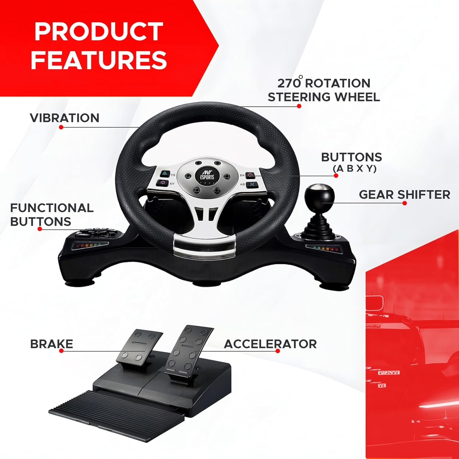 Ant Esports GW190 Racing Steering Wheel with Pedals & Shifter, 270° Rotation, Universal USB, Compatible with PC, PS4, PS3, Xbox One, Xbox Series X/S, Nintendo Switch & Android TV (Black/Silver) - Image 4