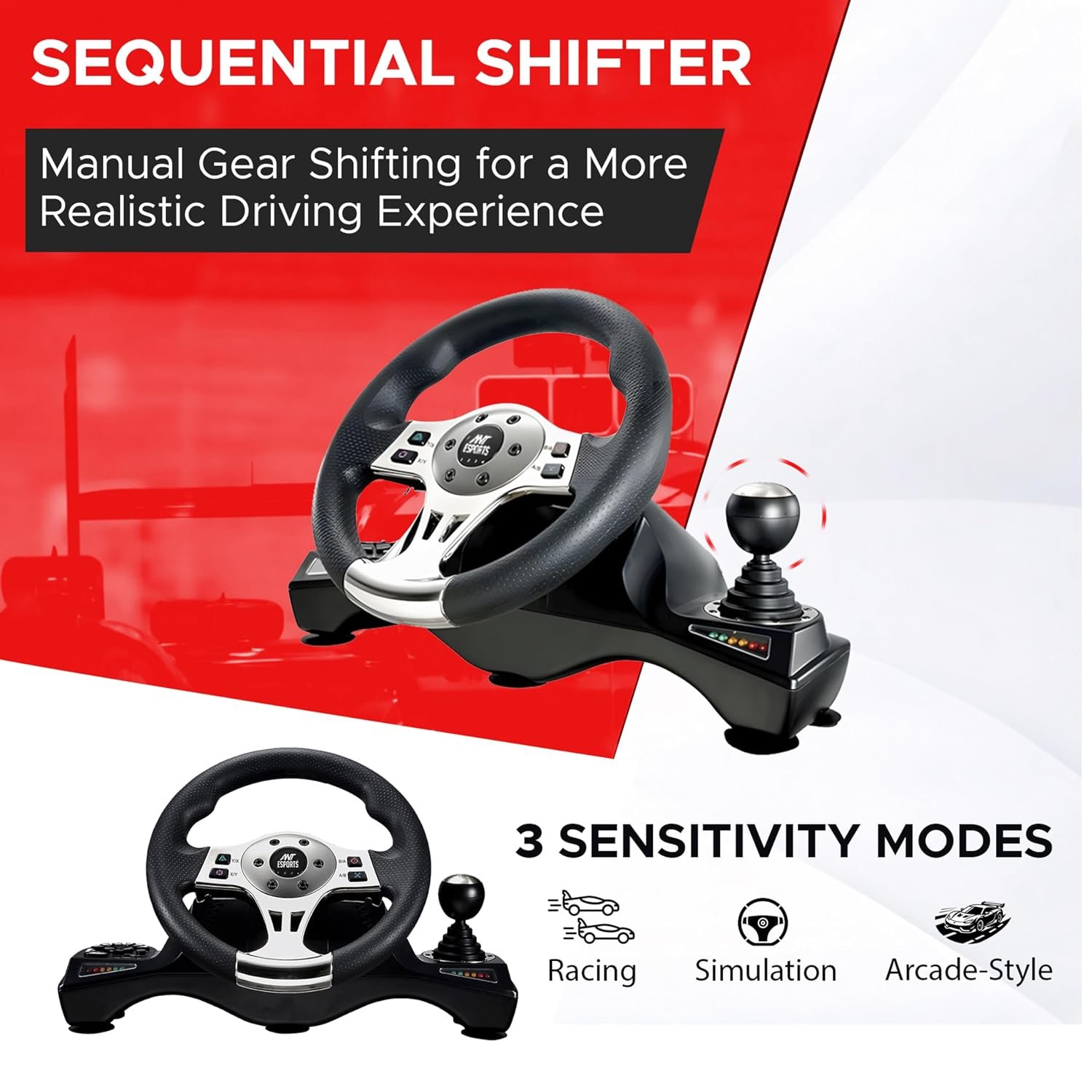 Ant Esports GW190 Racing Steering Wheel with Pedals & Shifter, 270° Rotation, Universal USB, Compatible with PC, PS4, PS3, Xbox One, Xbox Series X/S, Nintendo Switch & Android TV (Black/Silver) - Image 5