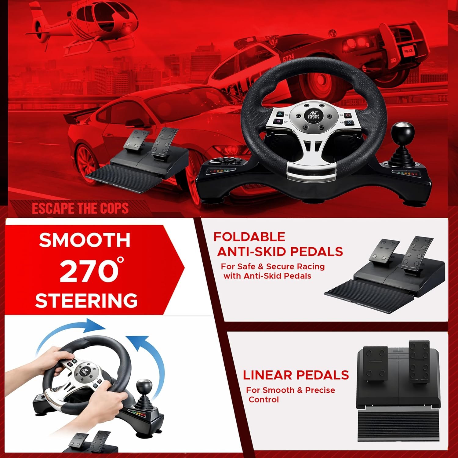 Ant Esports GW190 Racing Steering Wheel with Pedals & Shifter, 270° Rotation, Universal USB, Compatible with PC, PS4, PS3, Xbox One, Xbox Series X/S, Nintendo Switch & Android TV (Black/Silver) - Image 7