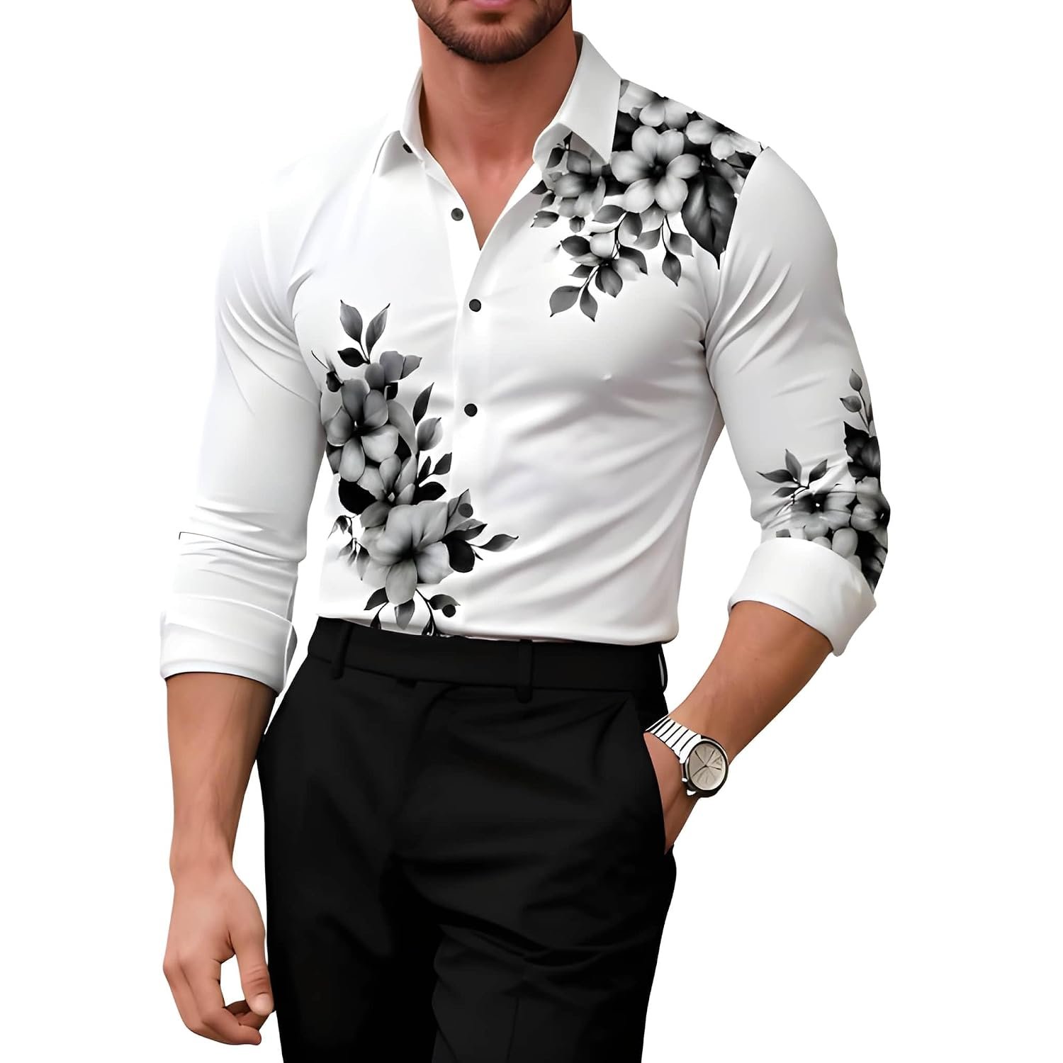 Men's White Floral Printed Shirt | Premium Stretch Casual Wear Shirt for Men | Slim Fit Full Sleeve Designer Button-Down Top | Stylish Apparel