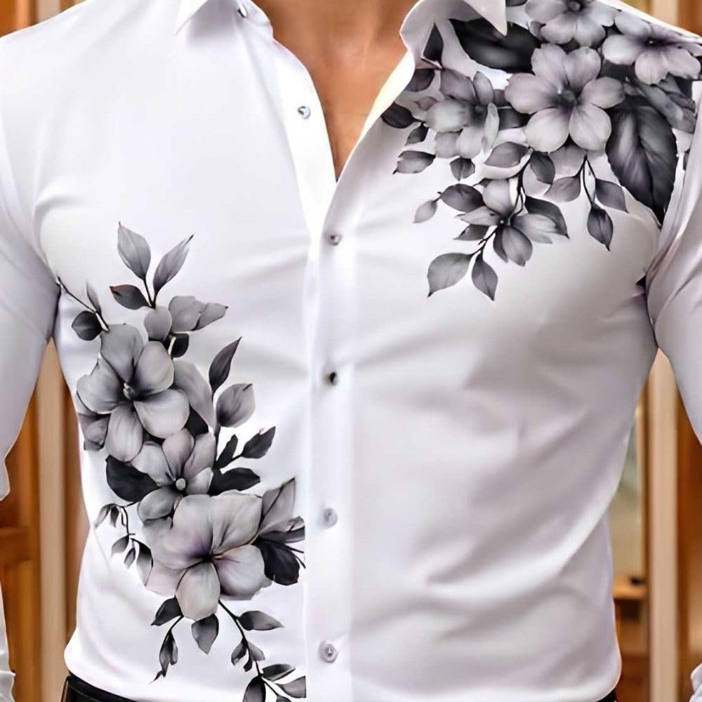 Men's White Floral Printed Shirt | Premium Stretch Casual Wear Shirt for Men | Slim Fit Full Sleeve Designer Button-Down Top | Stylish Apparel - Image 5