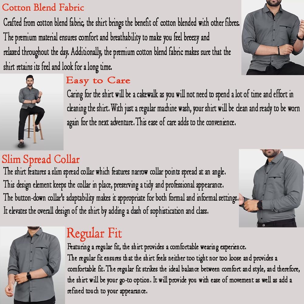 CB-COLEBROOK Men's Regular Fit Solid Soft Touch Cotton Casual Shirt with Pocket Design with Spread Collar & Full Sleeves (Available in Plus Size) - Image 3