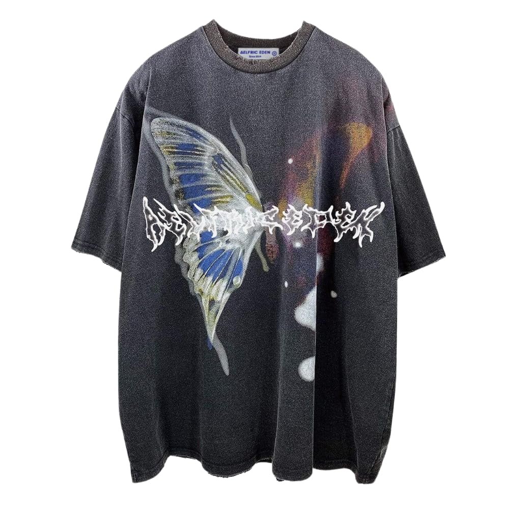 Aelfric Eden Mens Oversized T Shirts Tees Butterfly Print Crew Neck Cotton Tops Streetwear Casual Shirt